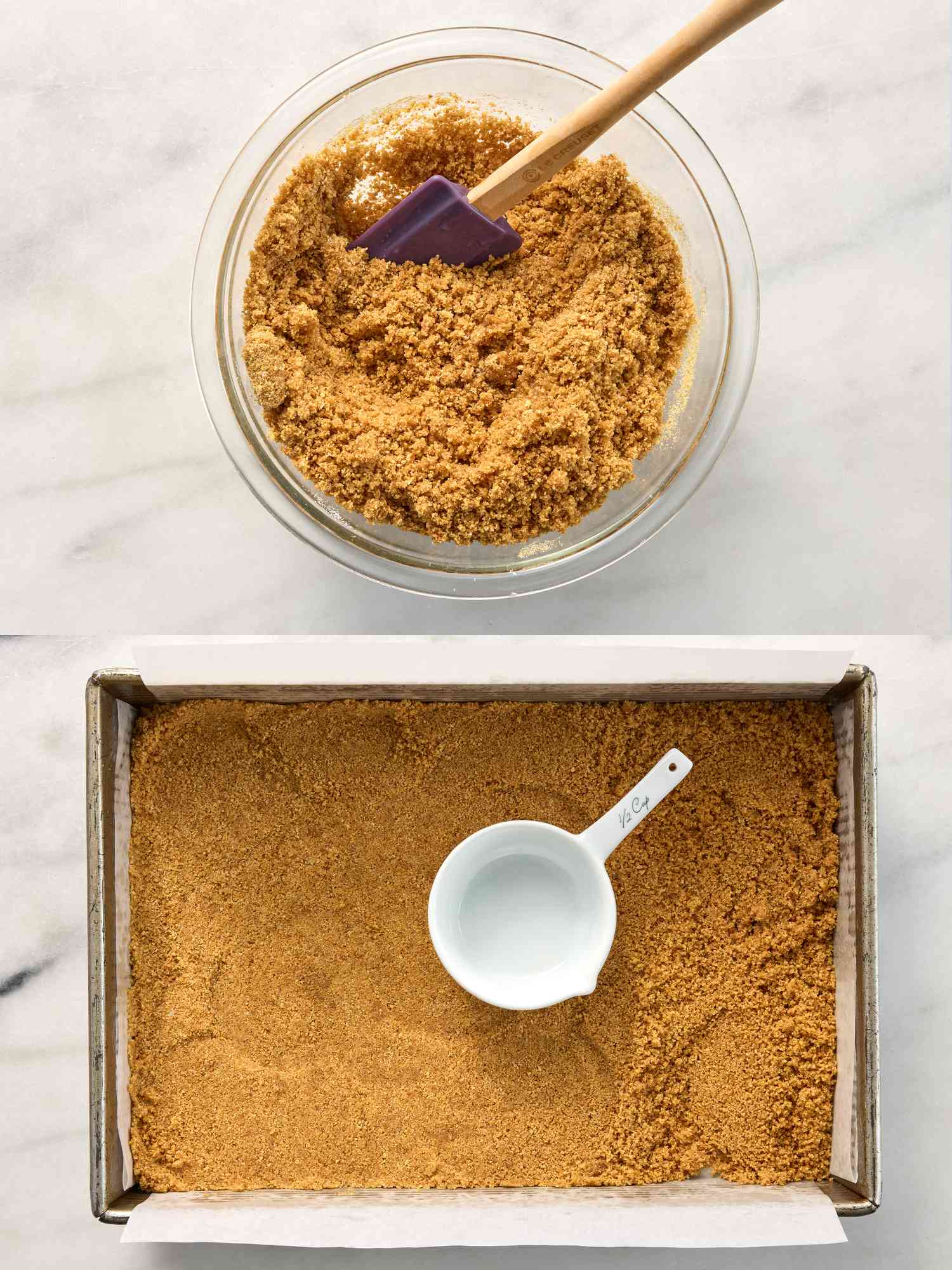 2 image collage. Top: bowl of mixed together cracker crumbs, sugar and salt.Bottom: pressing crumbs into bottom of pan 