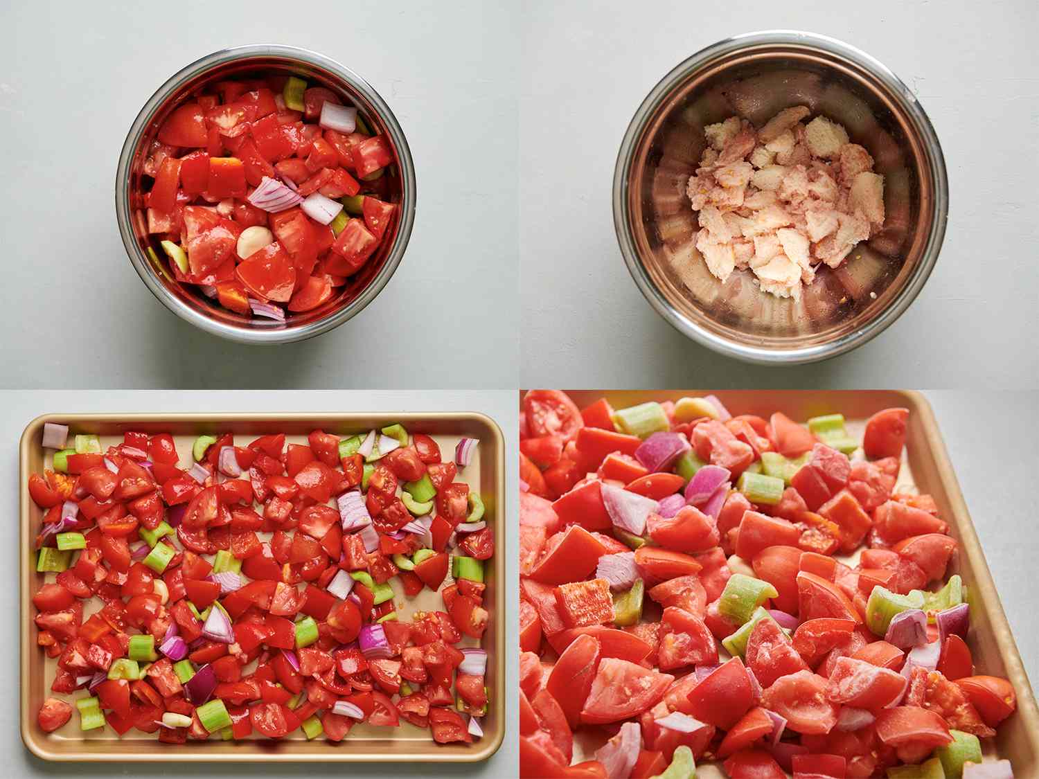 A four-image collage. The top left image shows tomatoes, cucumber, onion, pepper, garlic, and salt combined and thoroughly tossed inside a large bowl. The top right image shows the drained juices and bread inside of a large bowl. The bottom left image shows the drained vegetables transferred to a rimmed baking sheet. The bottom right image shows the vegetables, now frozen, on a rimmed baking sheet.