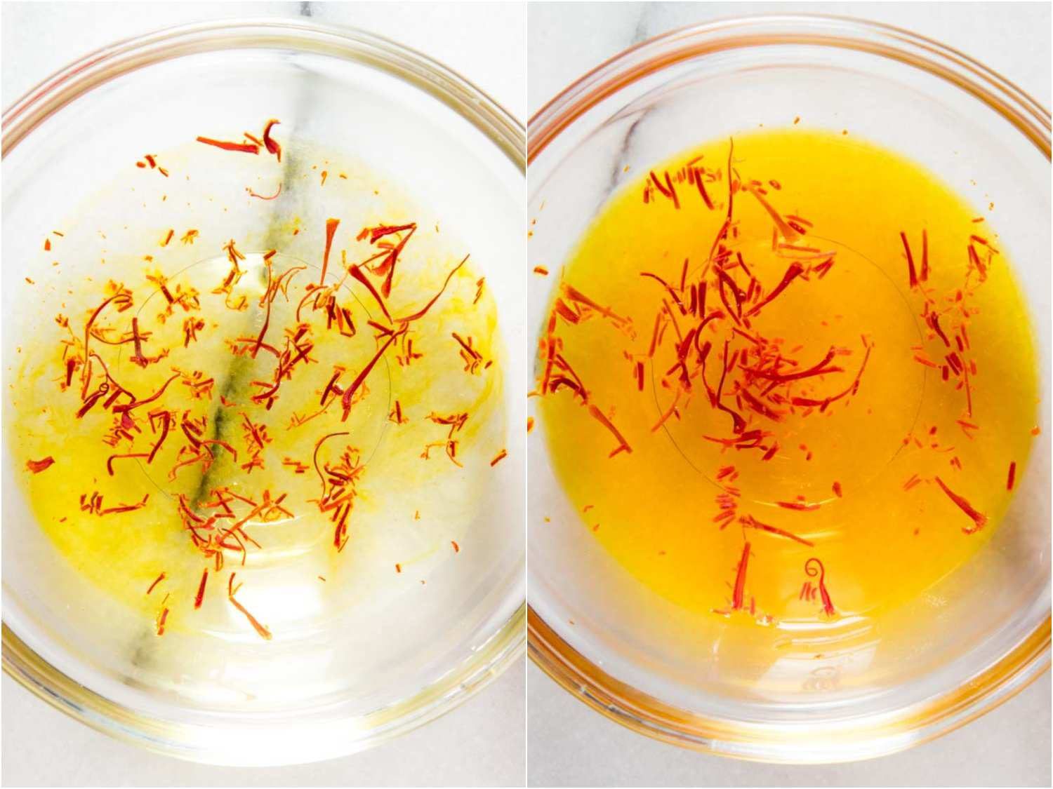 Overhead close up of saffron tea, before and after steeping.