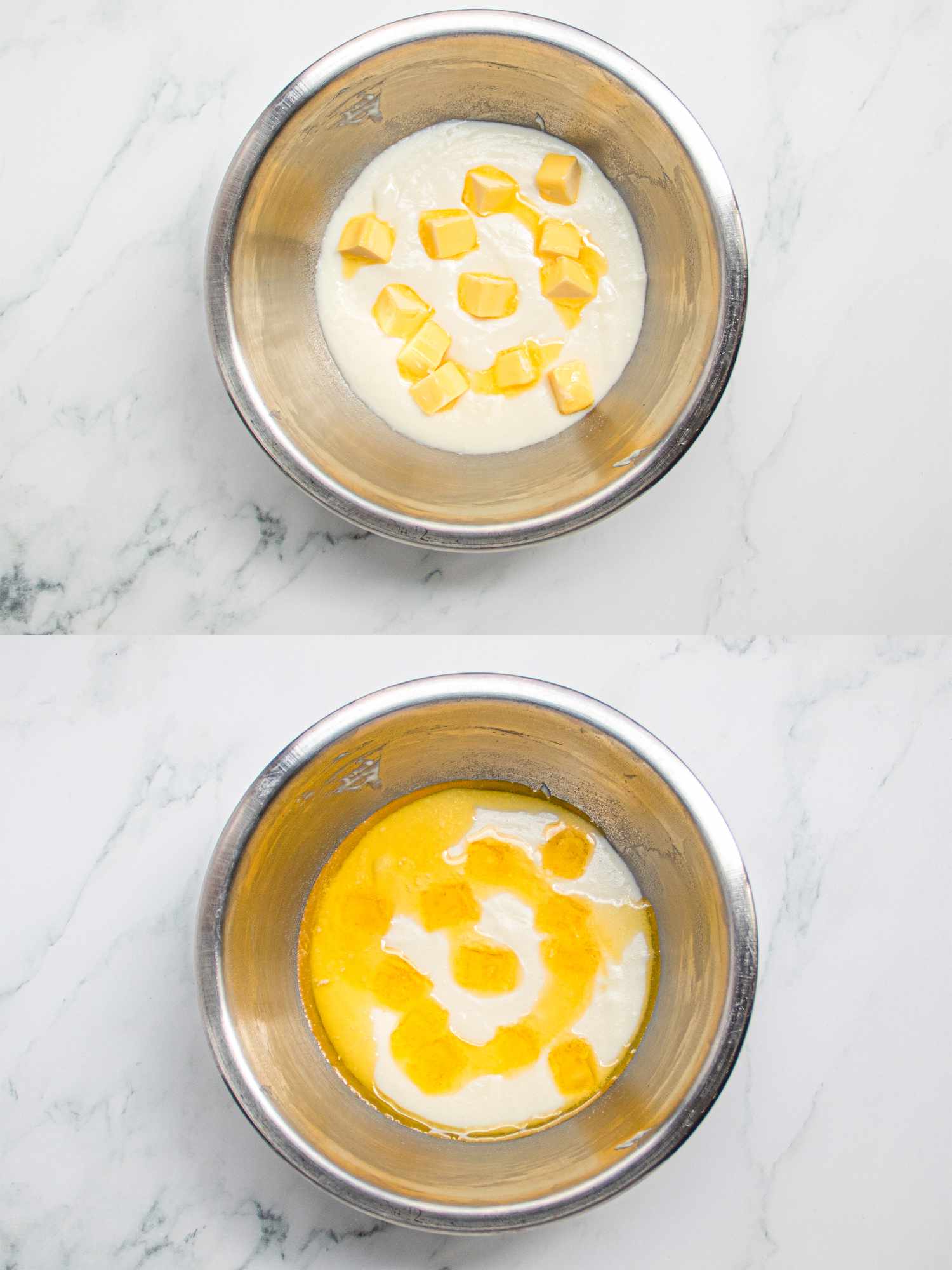 Two image collage of butter before and after melting 