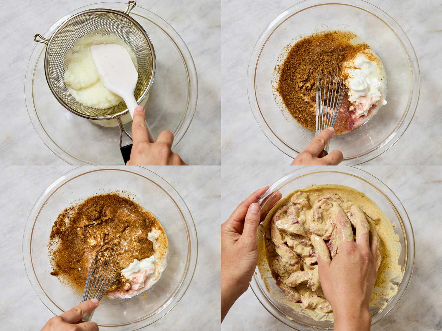 Process of preparing beef shawarma marinade in four steps in a glass bowl involving sieved onion juice and a mixture of spices and yogurt