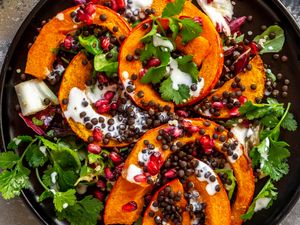 Roasted squash salad with pomegranate lentils and fresh greens