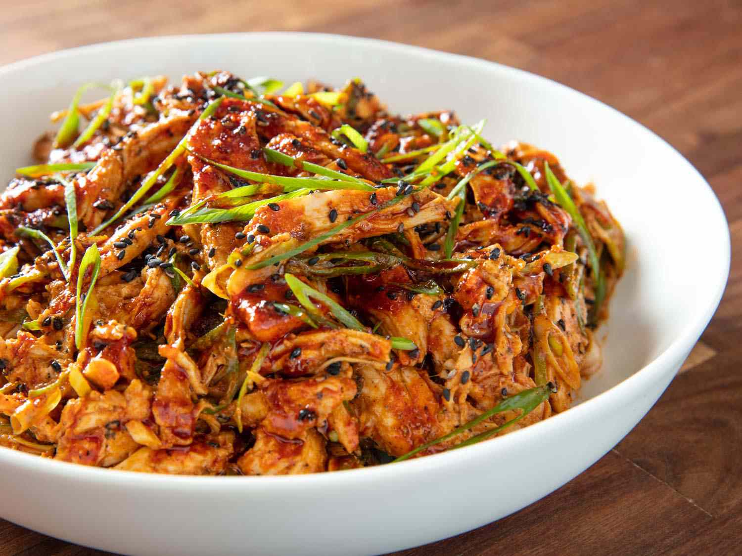 Close up view of a plate of hot and numbing Sichuan-style turkey salad. 