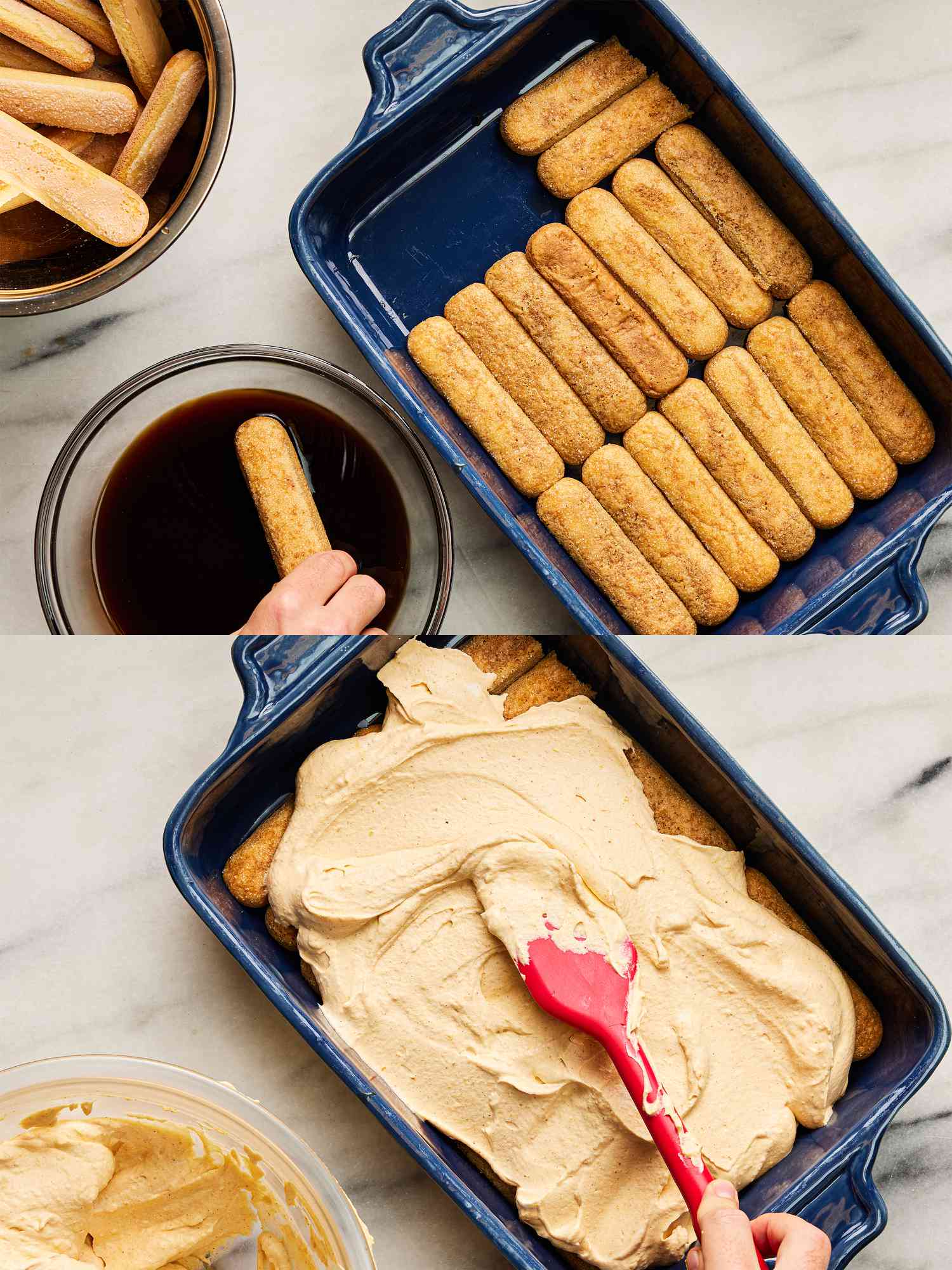 Two image collage of dipping lady fingers and spreading cream 