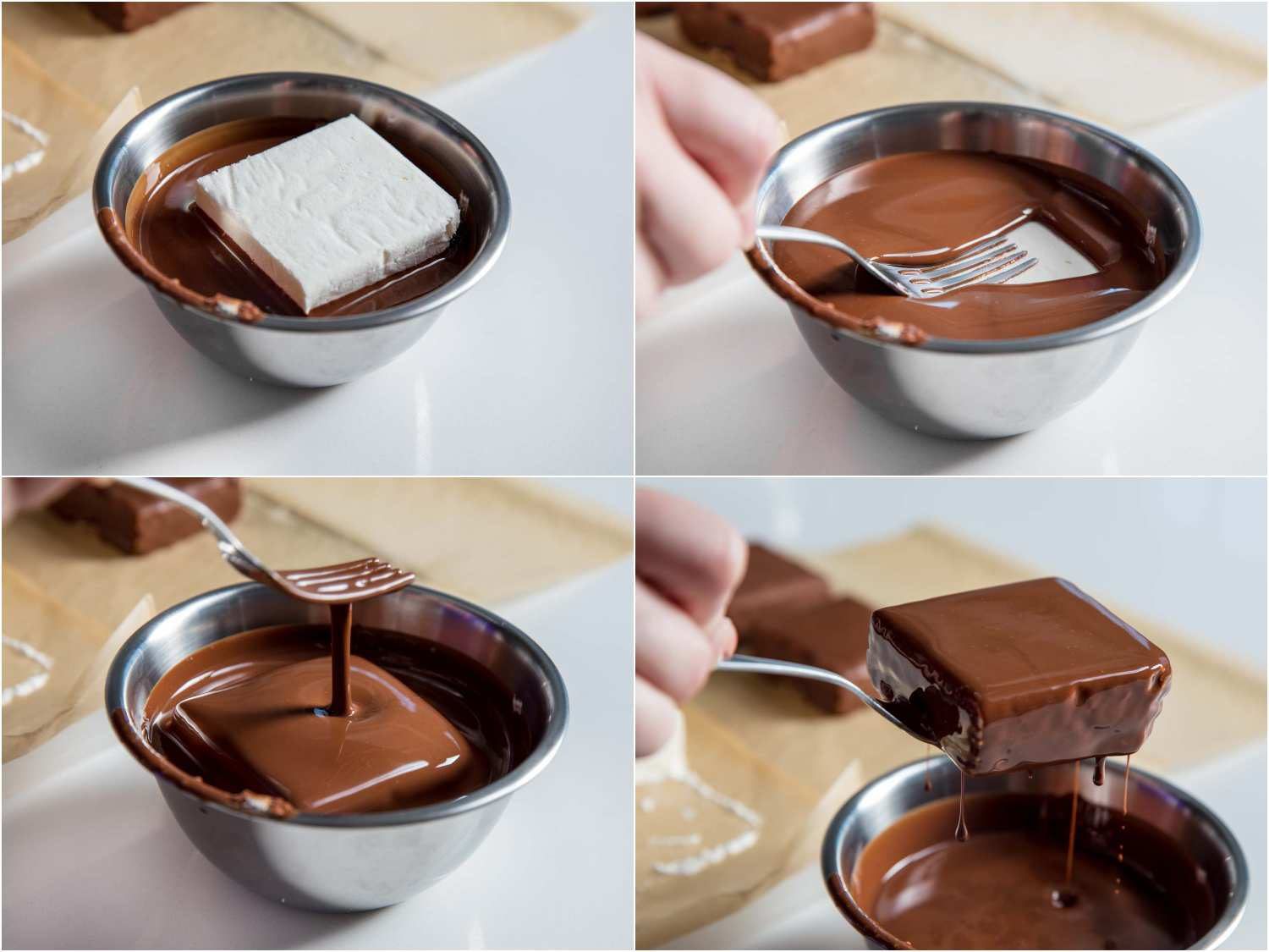A four-image collage of dipping homemade Klondike Bars in melted milk chocolate: use a spatula to drop one bar into the chocolate, then quickly dunk it under and lift it out with a fork.