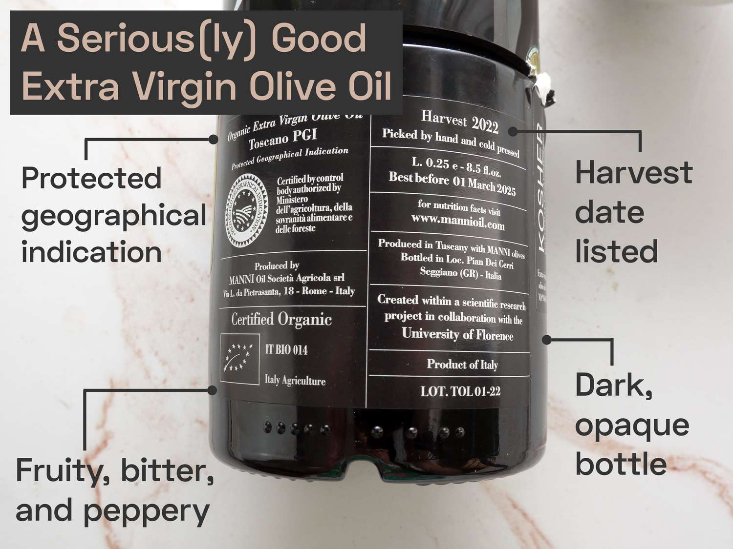 a closeup image if the label on a bottle of olive oil