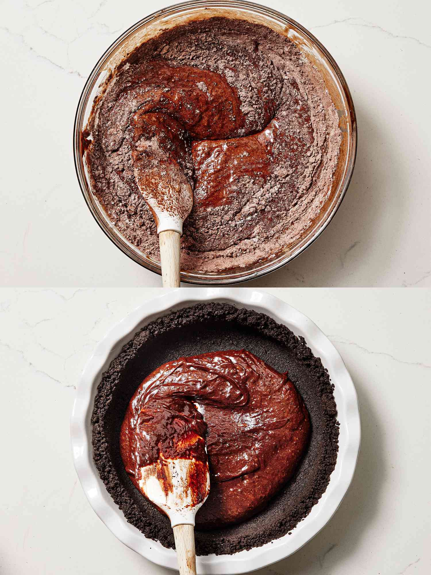 two image collage of mixing cake batter and adding to shell