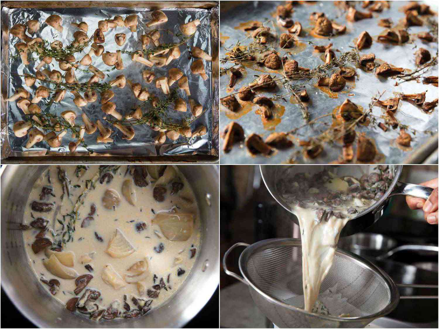 Collage of roasted mushrooms, steeping aromatics in milk, and straining out aromatics.