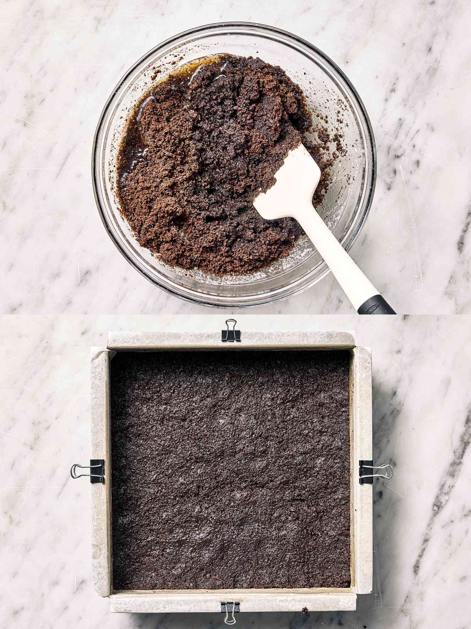 Two Image collage. Top:chocolate mixture in a bowl with spatula, bottom: mixture pressed into a square pan