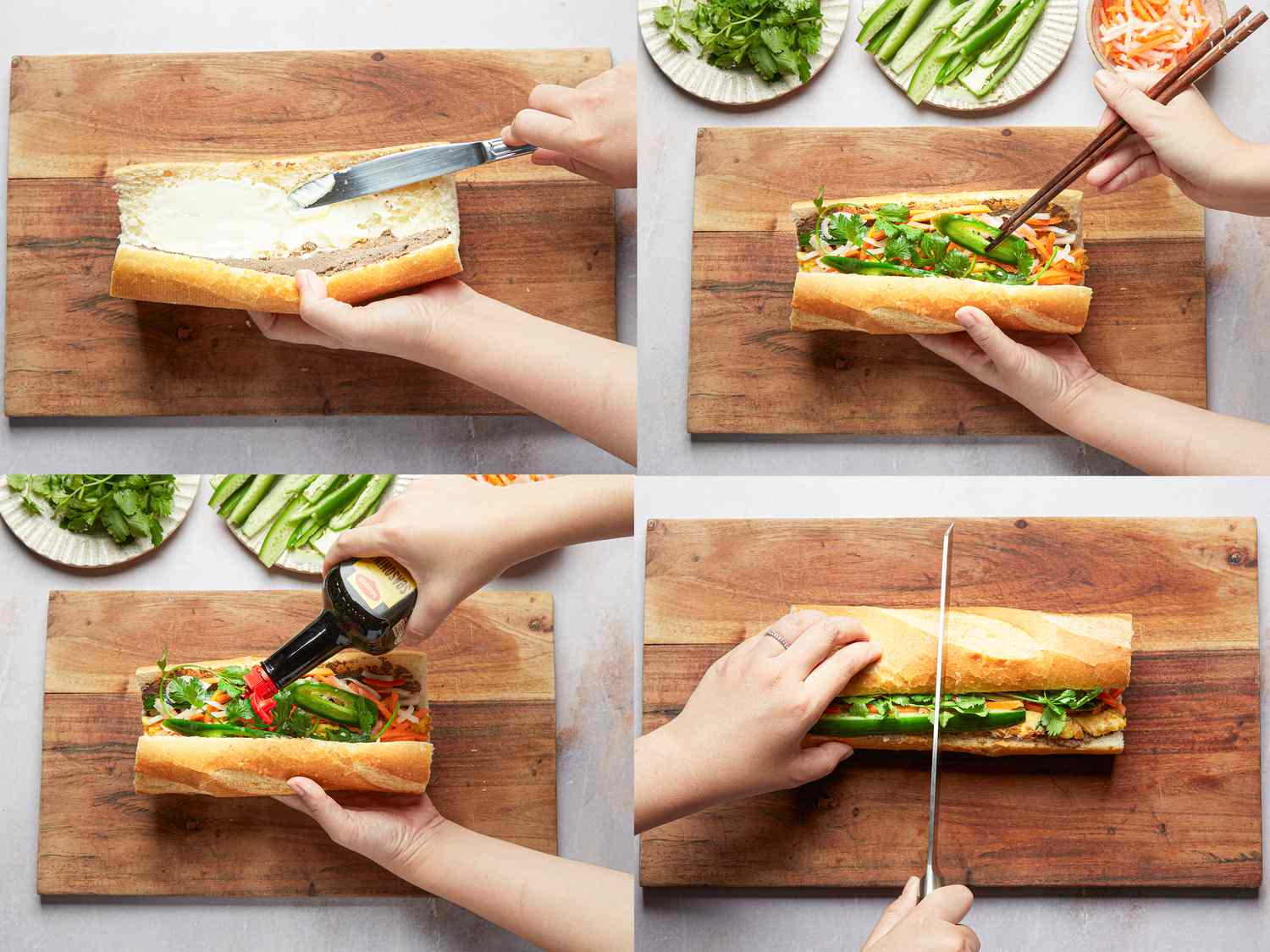 Four image collage of assembling banh mi