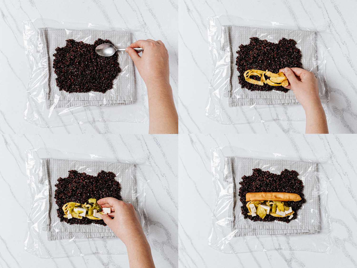 4 image collage. Top Left: Hand using the back of a spoon to spread rice onto plastic wrap, which is layed out on top of a folded white towel. Top Right: Assembling egg strips in a line on the edge of the rice. Bottom Left: Assembling mustard greens as part of the filling for Fan Taun on a marbled background. Bottom Right: Adding a chunk of fried cruller to center of fillings for Fan Tuan.