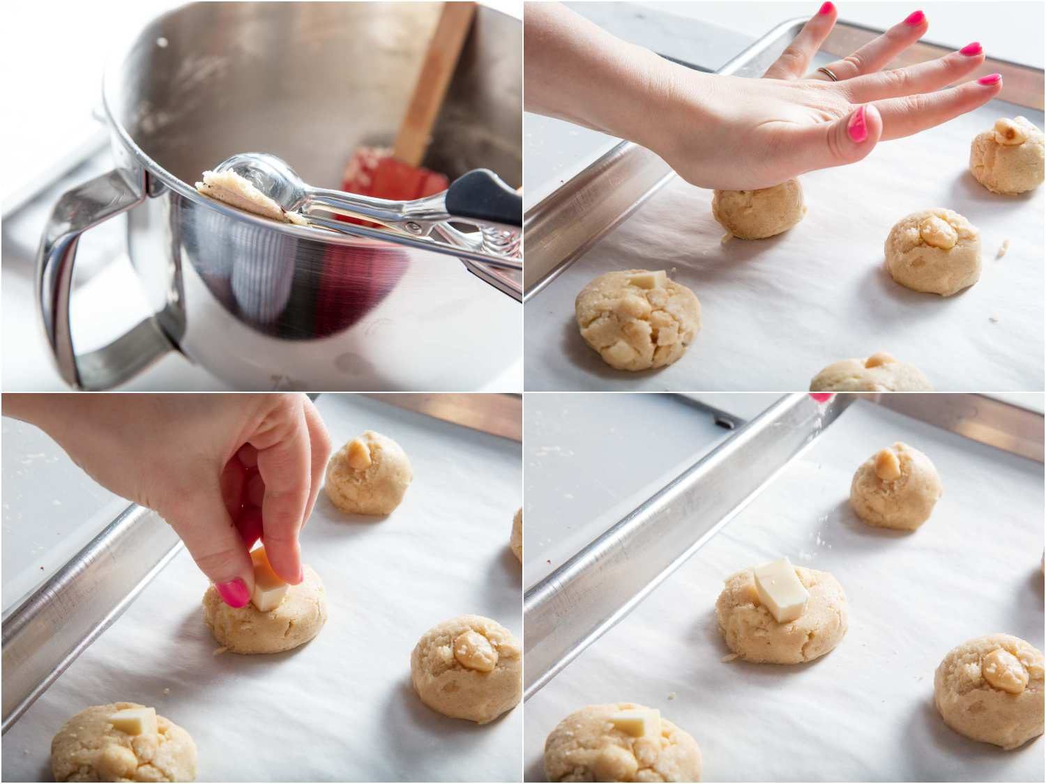 Portioning cookie dough and flattening out dough balls on a baking sheet, pressing a piece of white chocolate on each cookie. 