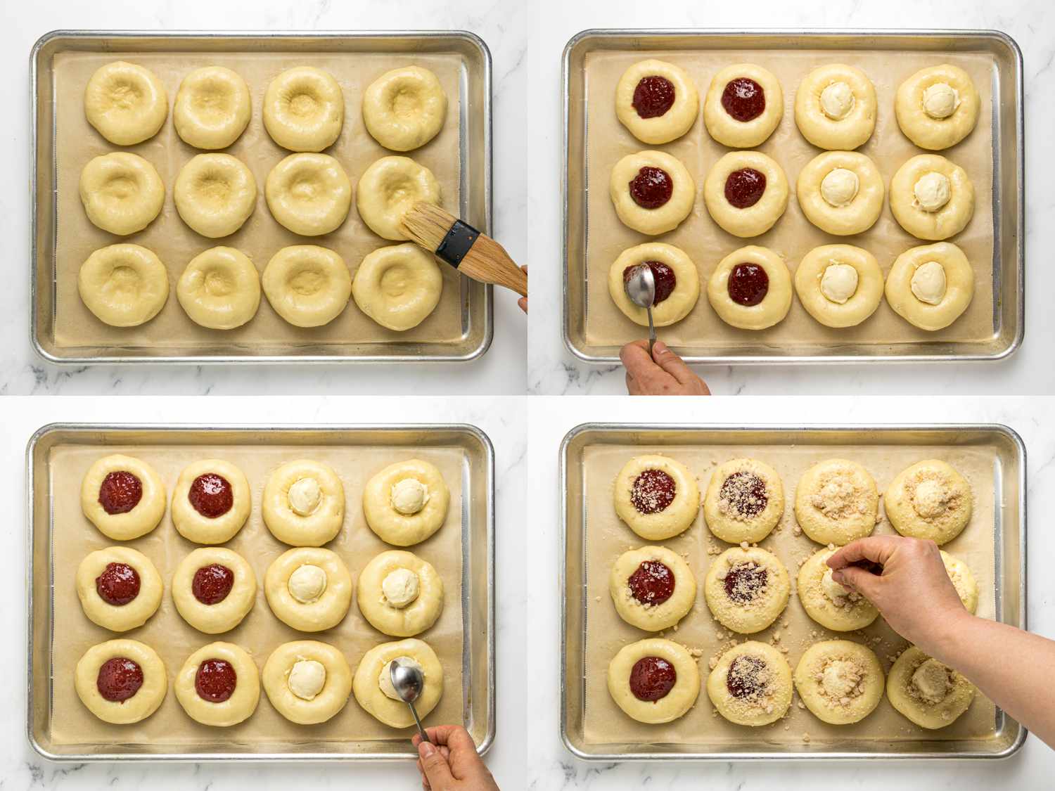 4 image collage. Top left: brushing kolach dough on sheetpan with butter. Top Right: Spooning strawberry filling in the bottom left kolash. Bottom Left: fulling the bottom right kolosh with cream filling. Bottom Right: sprinkling strudel on top of Kolaches 