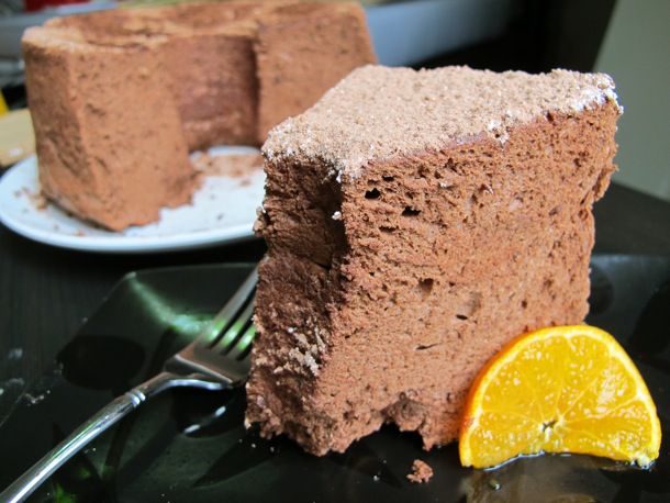 A slice of chocolate angel food cake.