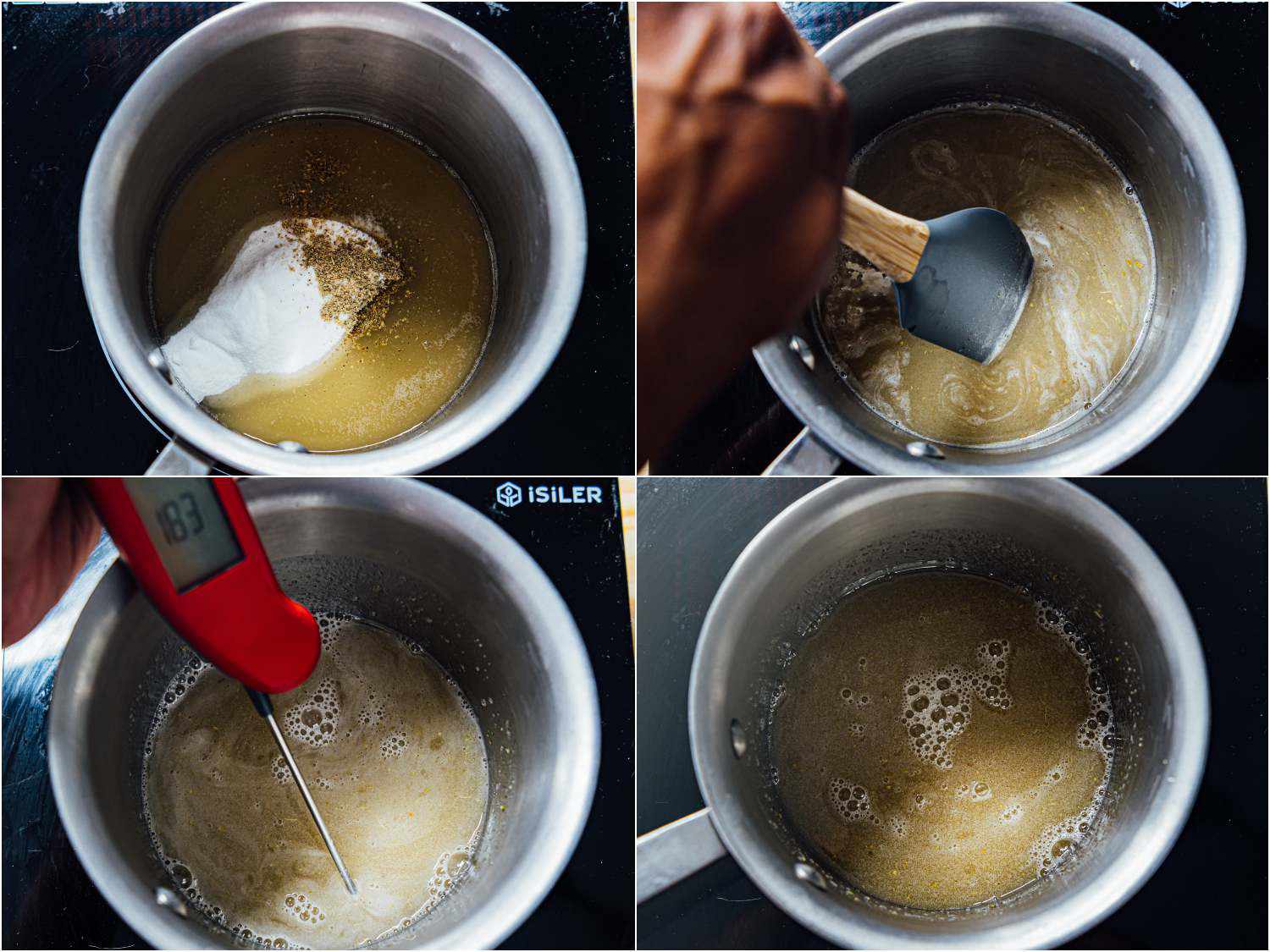 collage: aquafaba with sugar and cardamom in a saucepan; silicone spatula scraping; thermometer registering 183 degrees F; final consistency