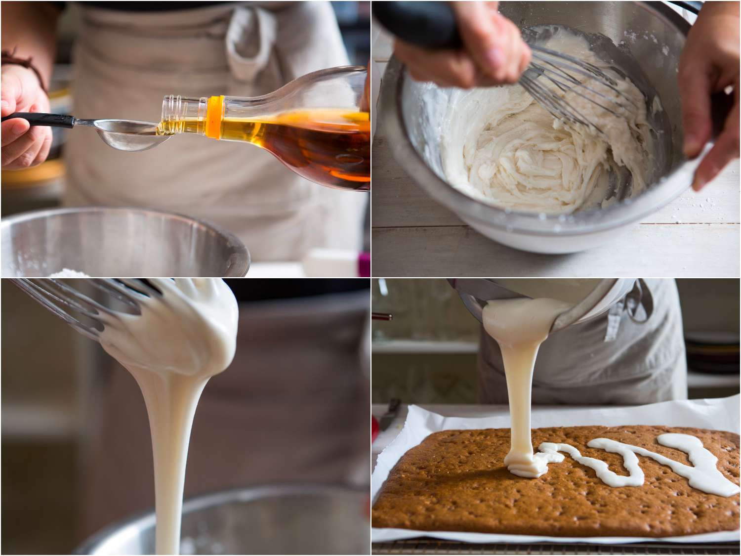 A collage showing the frosting being made and then poured onto the baked lebkuchen.