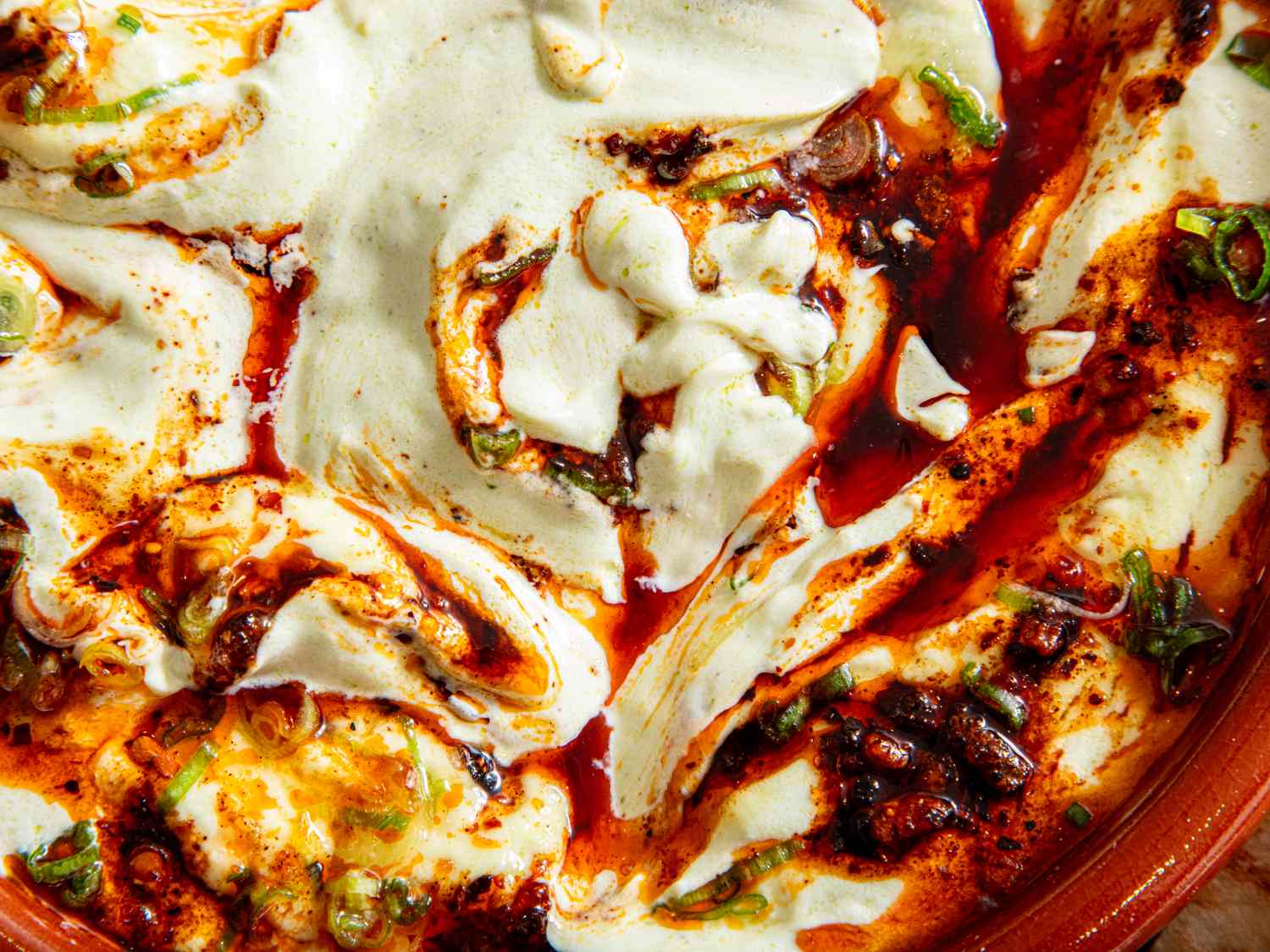 Creamy labneh topped with oil spices and herbs in a dish