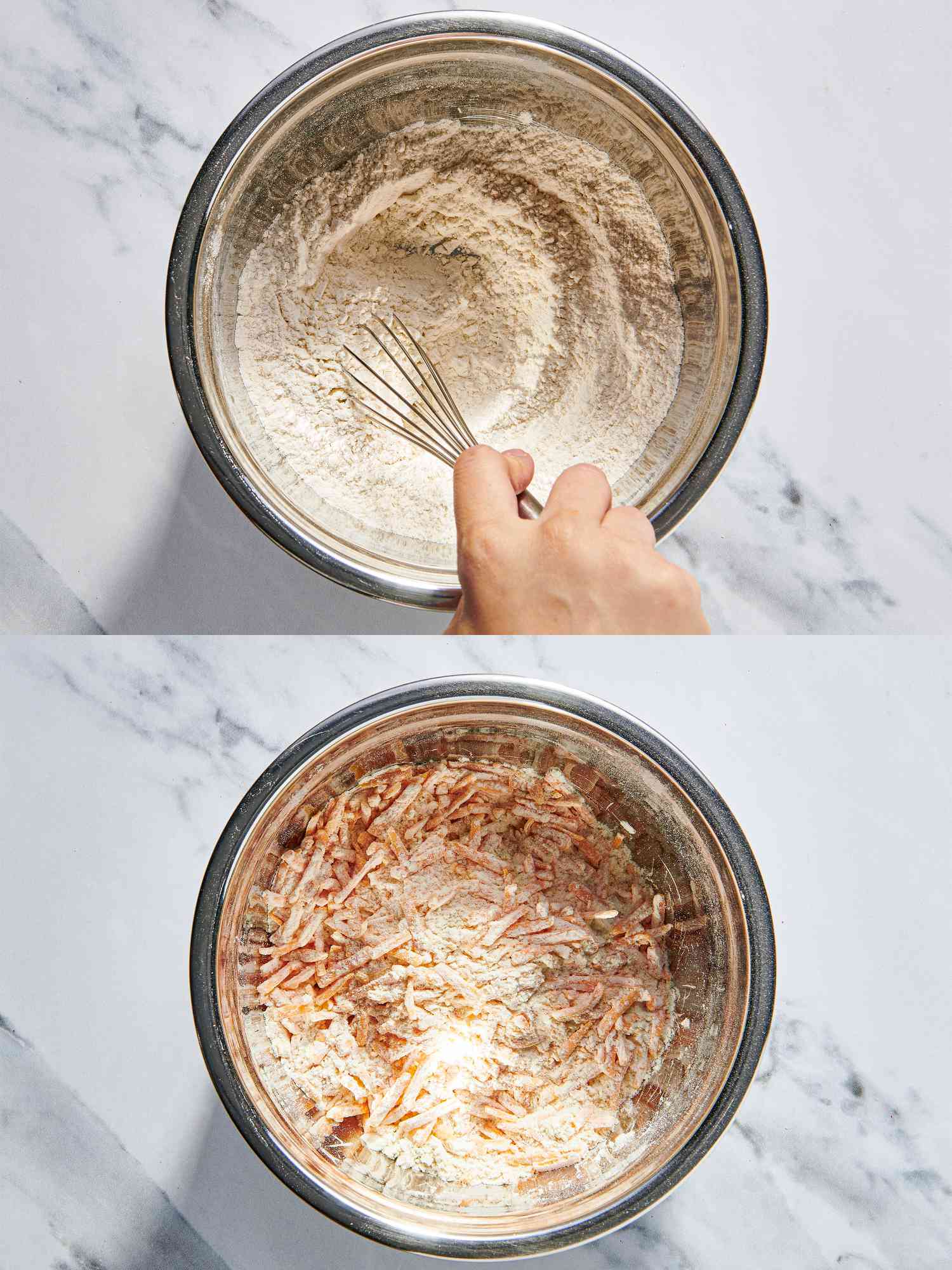 Two image collage of mixing dry and cheese