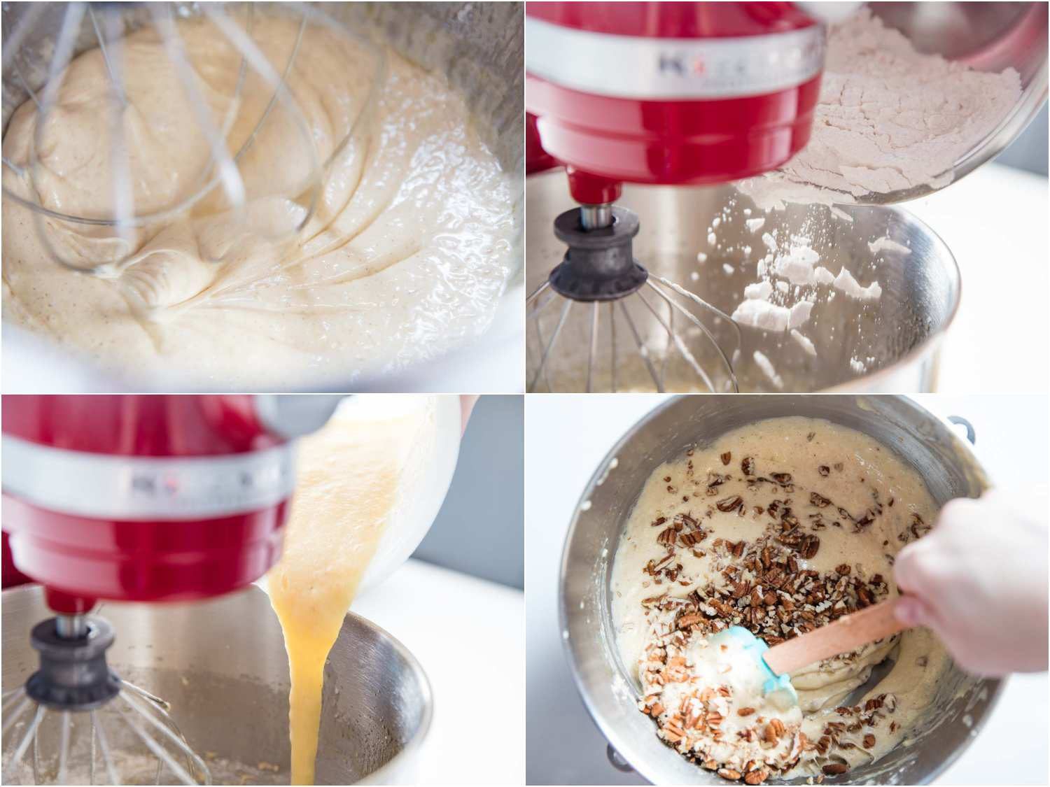 Step-by-step photos of making hummingbird cake in a stand mixer.