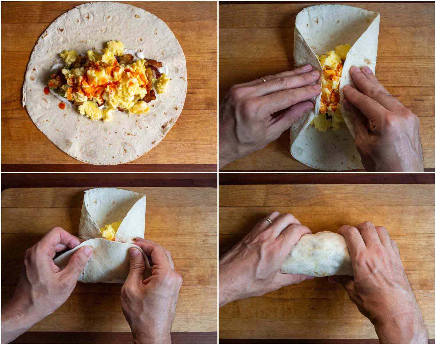 Collage of the burrito being smooshed, folded, and rolled up.