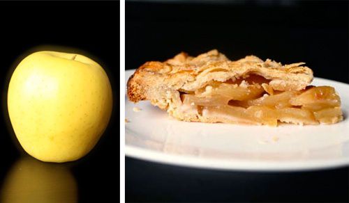 .composite of golden delicious apple and cross-section of pie baked with golden delicious apples.