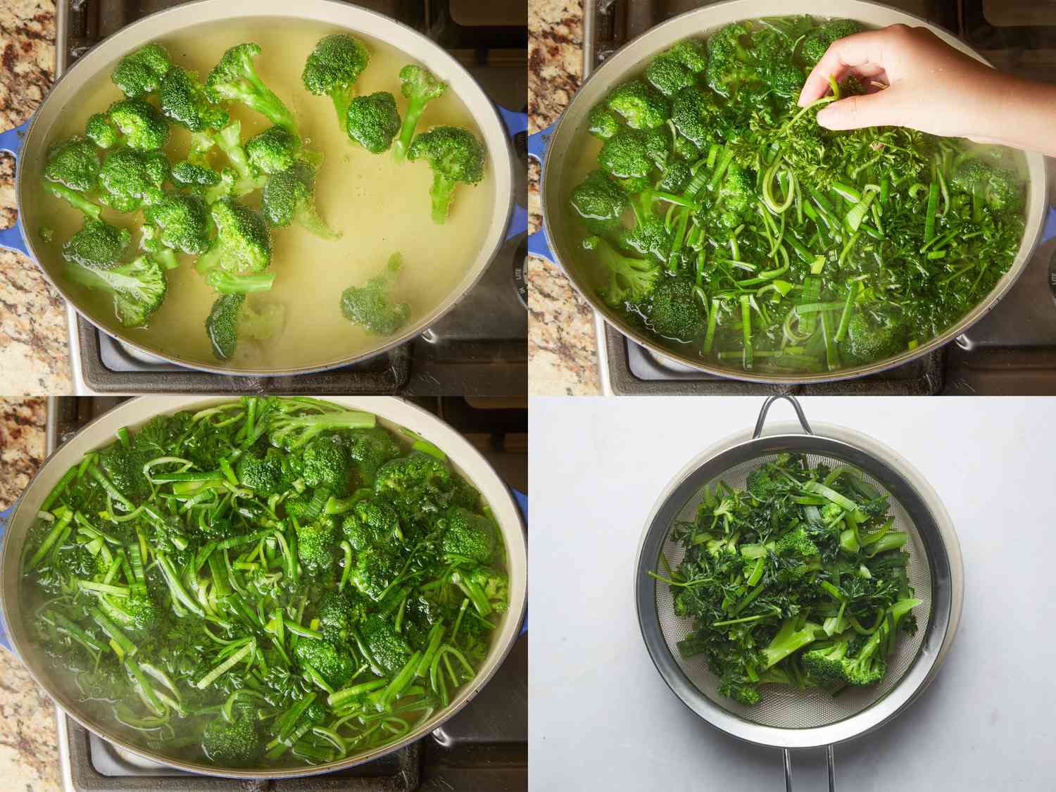 4 image collage. Top Left: Broccoli floating in dutch oven. Top Right: Adding leek tops and parsley to dutch oven Bottom Left: cooked mixed greens in dutch oven. Bottom Right: Drained vegetables in a fine mesh strainer 