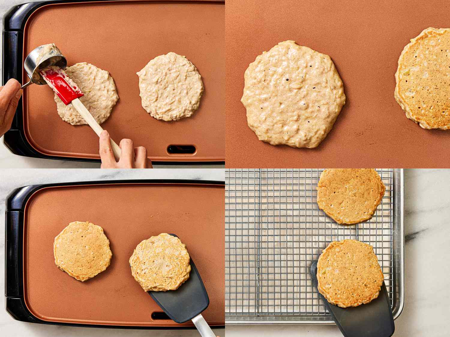 4 image collage. Top left: Scooping batter from measuring cup onto griddle, with another pancake already cooking. Top right: Pancakes cooking on griddle, with some bubbles showing. Bottom Left: flipping the cooking pancakes on griddle. Bottom Right: Transferring pancakes to a cooling rack 