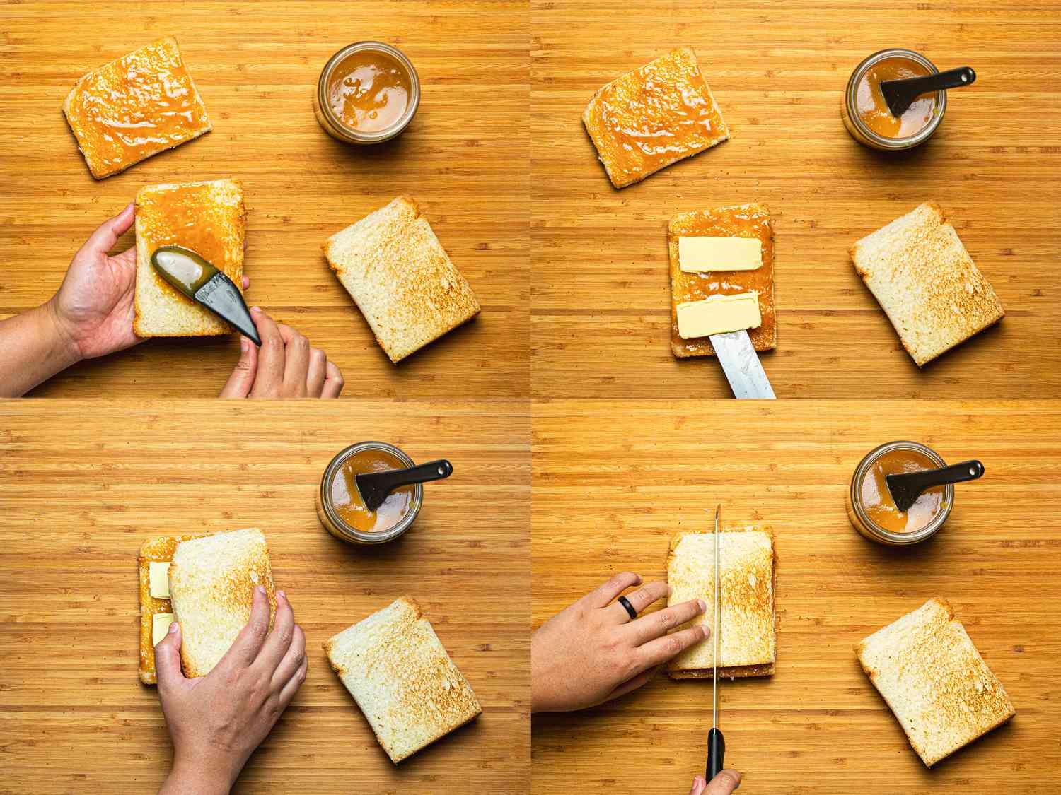Four image collage of assembling kaya toast