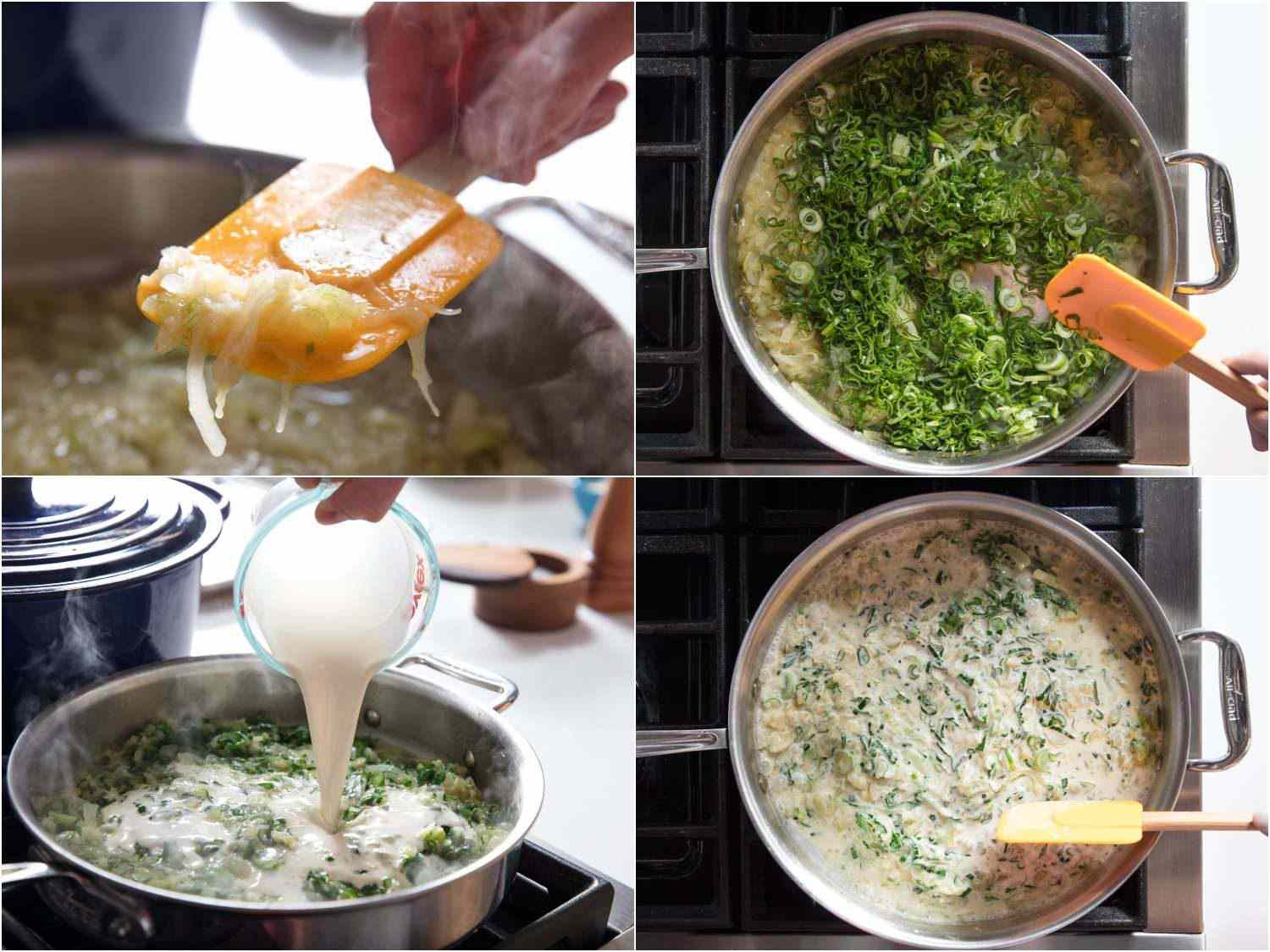 A 4-image collage showing checking the soft consistency of the onion's white part and fennel, adding spring onion green part and adding cream to finish the base for the sauce.