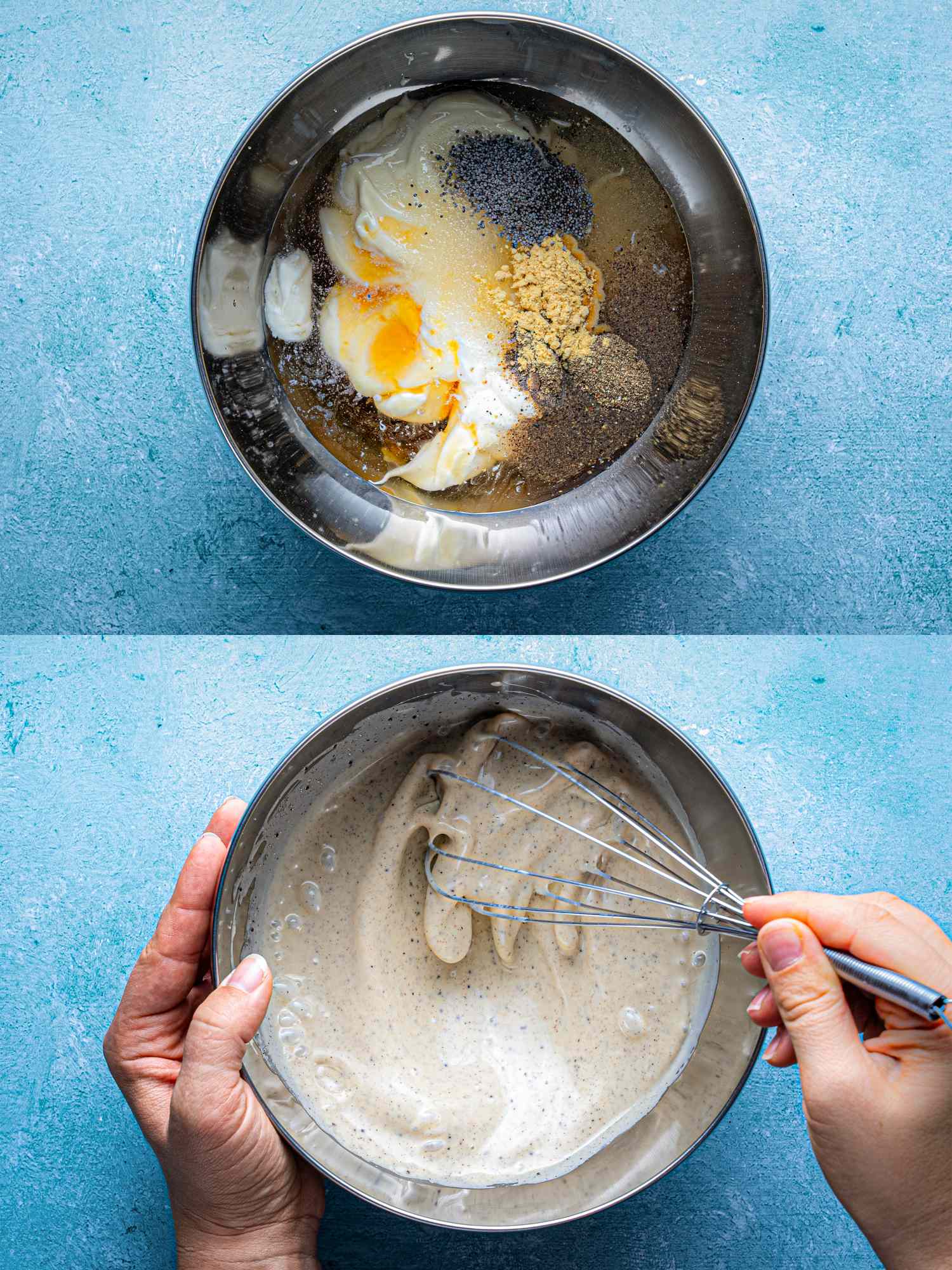 Twostep process of whisking ingredients in a bowl for coleslaw sauce preparation