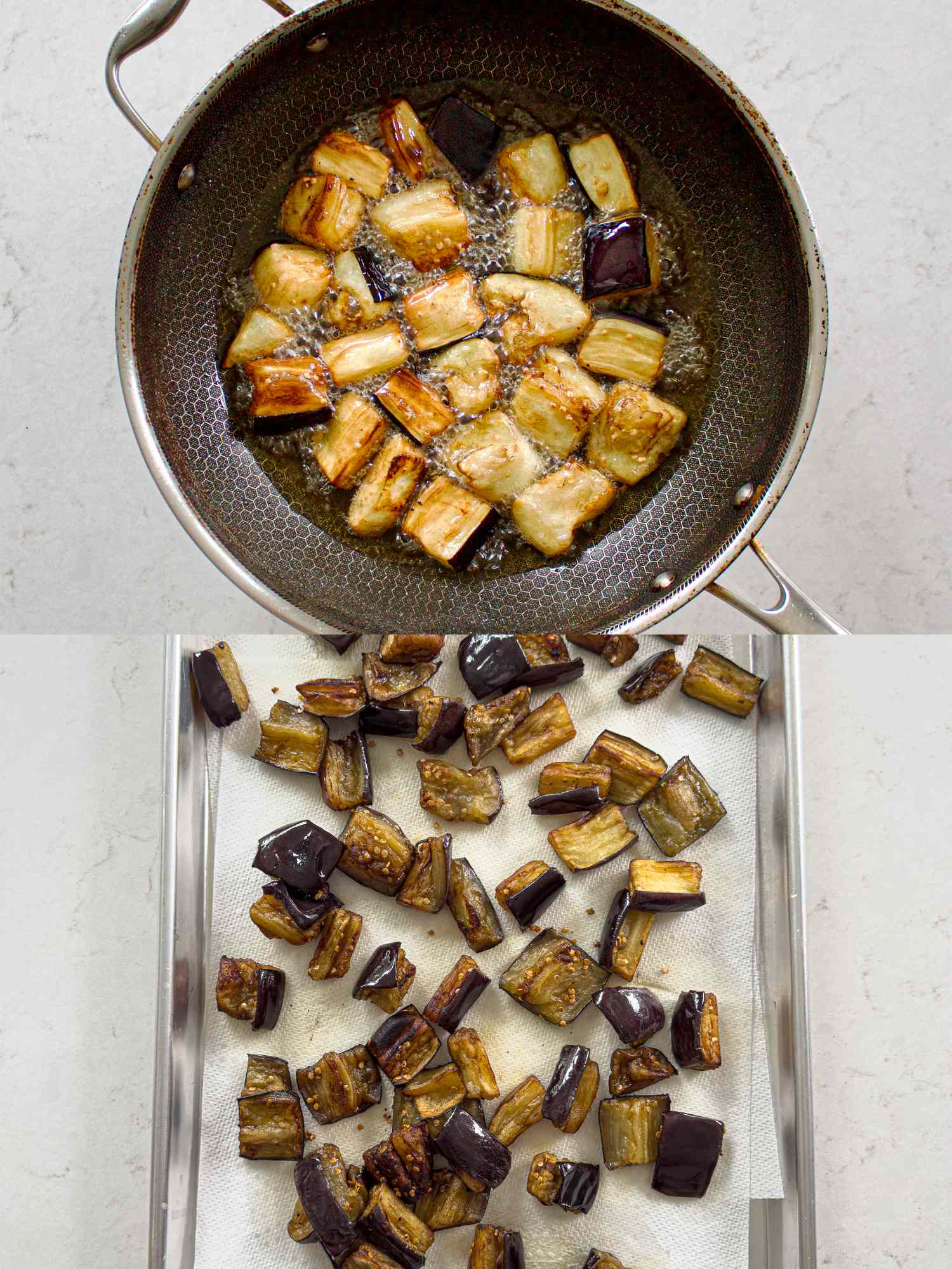 Two images showing cubed eggplant fried in a pan and drained on paper towels
