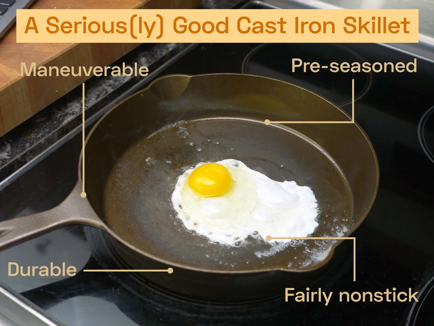 a cast iron skillet with an egg frying in it with the following words overlayed: A Seriously Good Cast Iron Skillet; durable, maneuverable, pre-seasoned, fairly nonstick