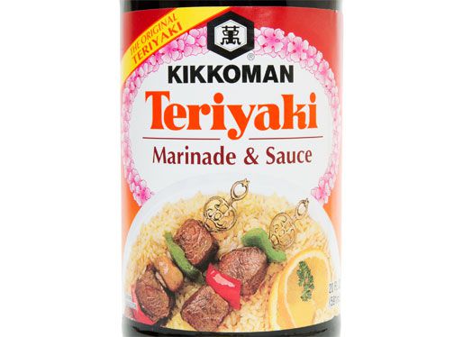 Closeup of bottle of Kikkoman teriyaki sauce