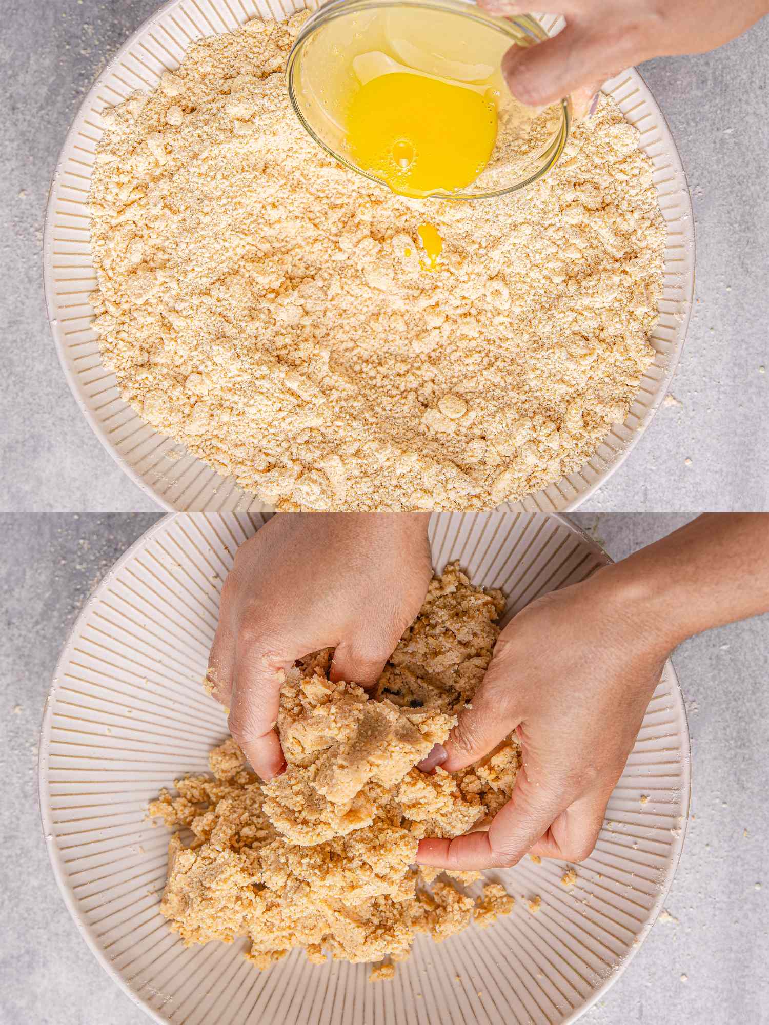 Twostep process of adding liquid ingredients to dry ingredients and then kneading the mixture by hand in a bowl