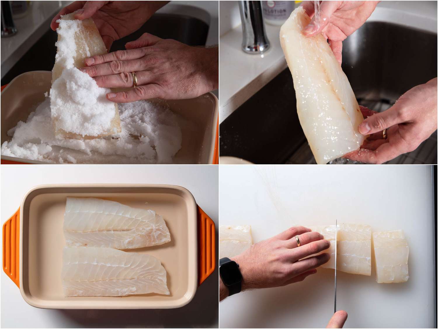 Collage of rinsing and soaking homemade salt cod. 