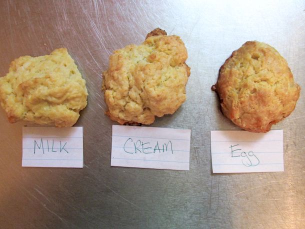 Sample drop biscuits made with milk, cream, and egg, with labels indicating which is which.