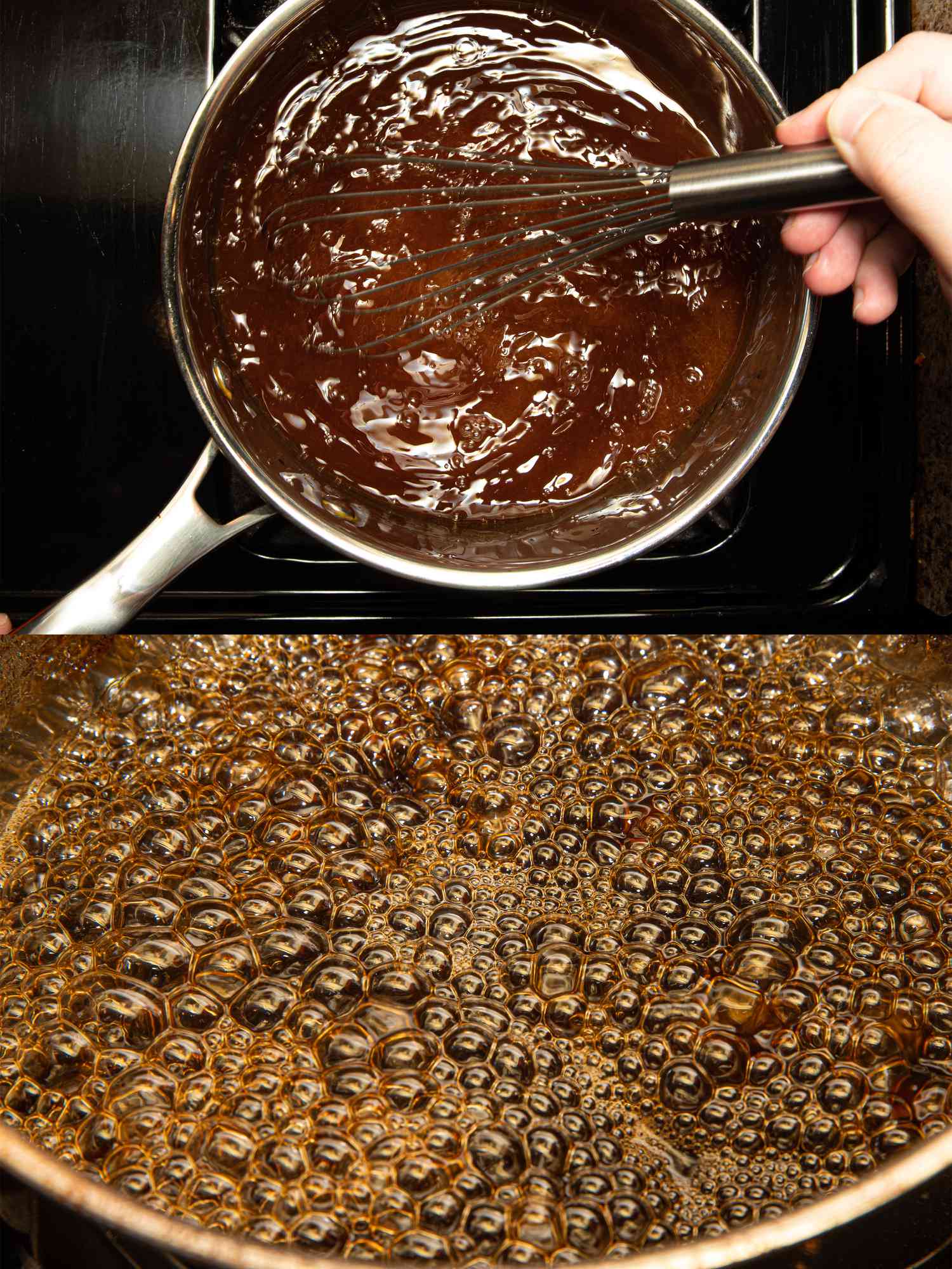 Two image collage of overhead view of whisking sauce in a pot and close up of sauce bubbling
