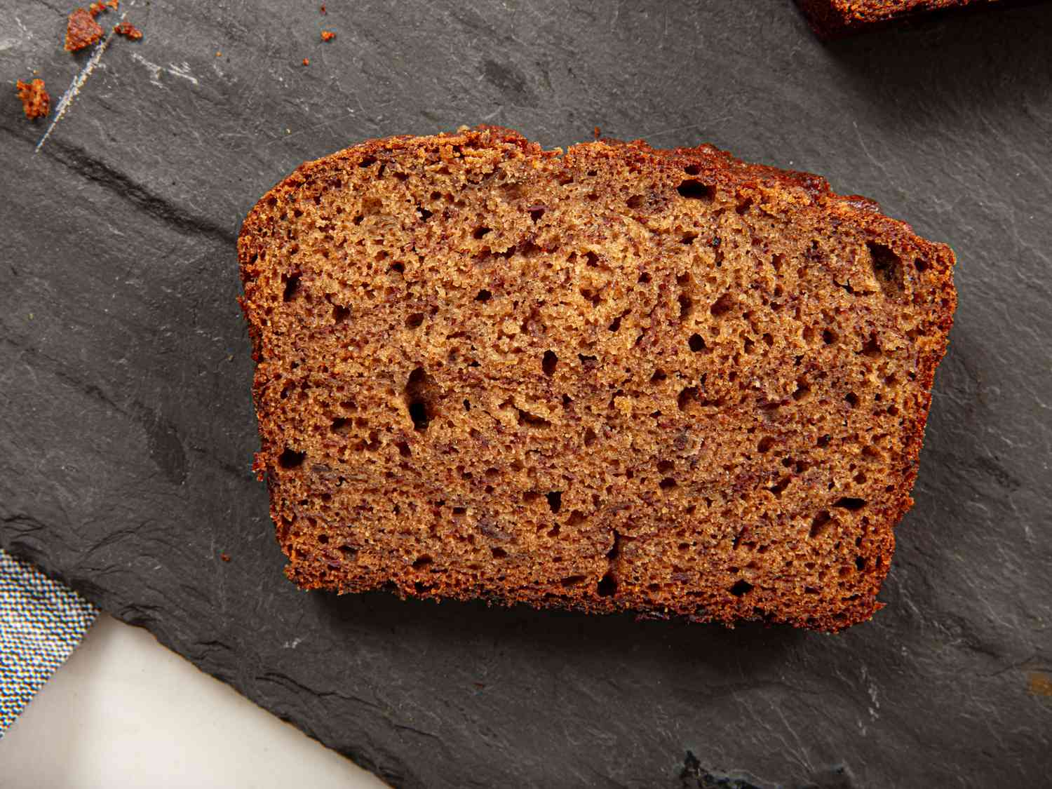 Overhead view of banana bread slice