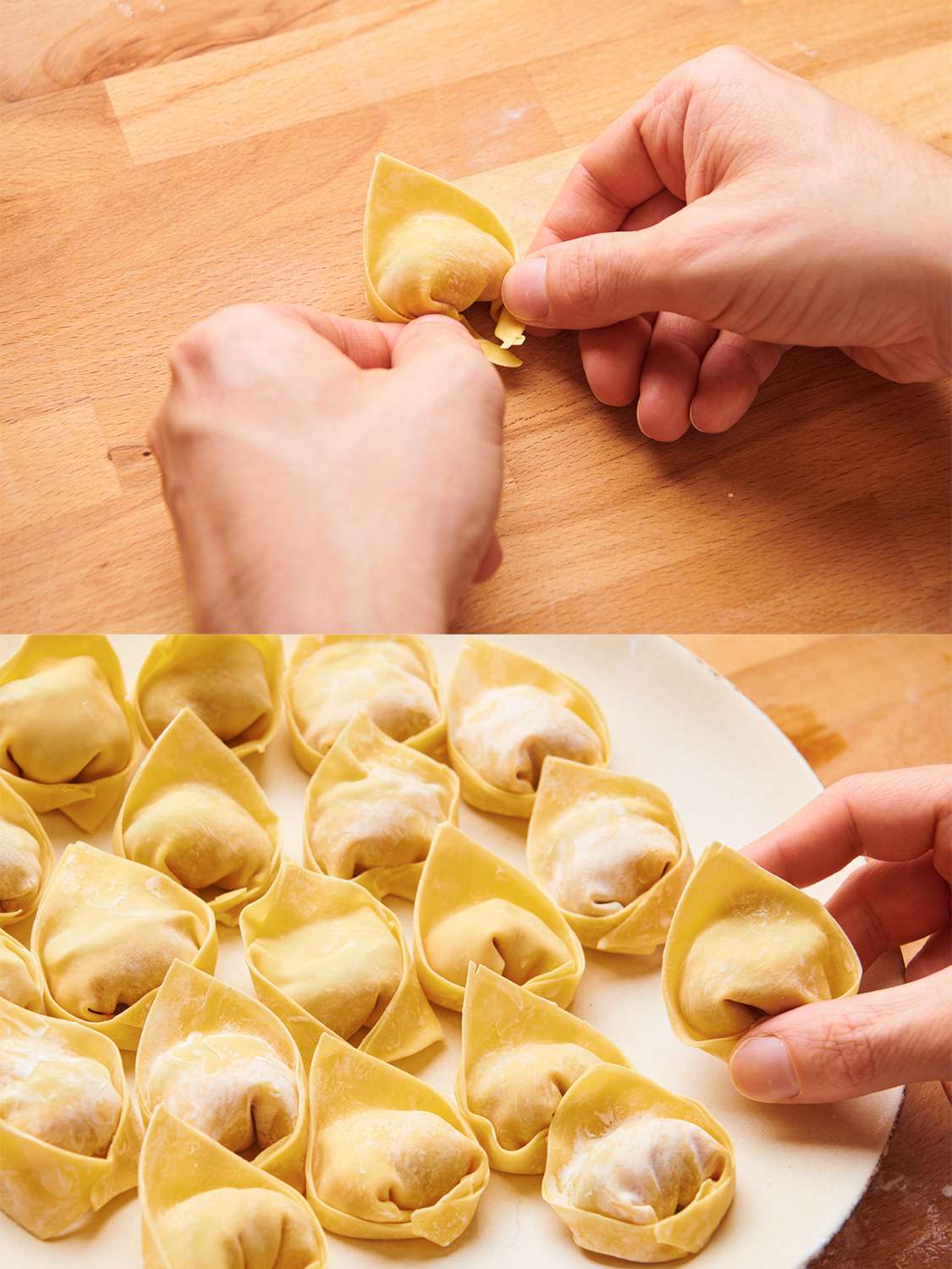 A two-image collage. The top image shows two hands pulling the two opposite corners of the wonton toward each other to form the triangle into a crescent shape. The bottom image shows a hand placing a crescent-shaped wonton onto a white platter holding many other, already-made wontons.