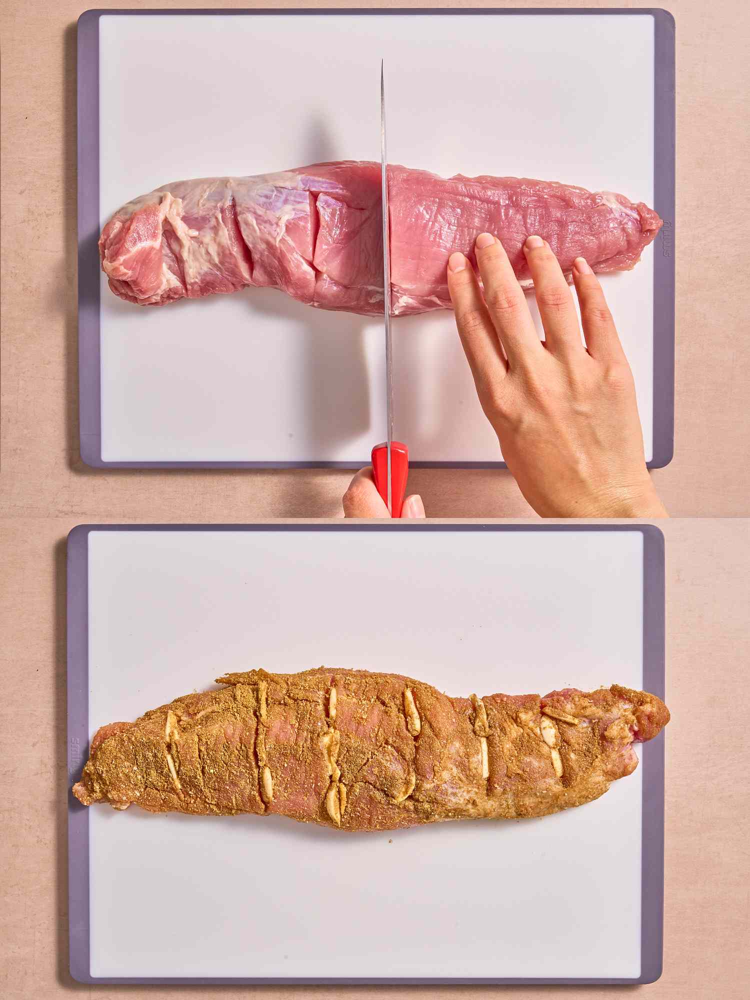 2 image collage. Top: Slicing slits into raw pork on cutting board. Bottom: Pork with seasoning rubbed in and garlic sliced inserted in slits. 