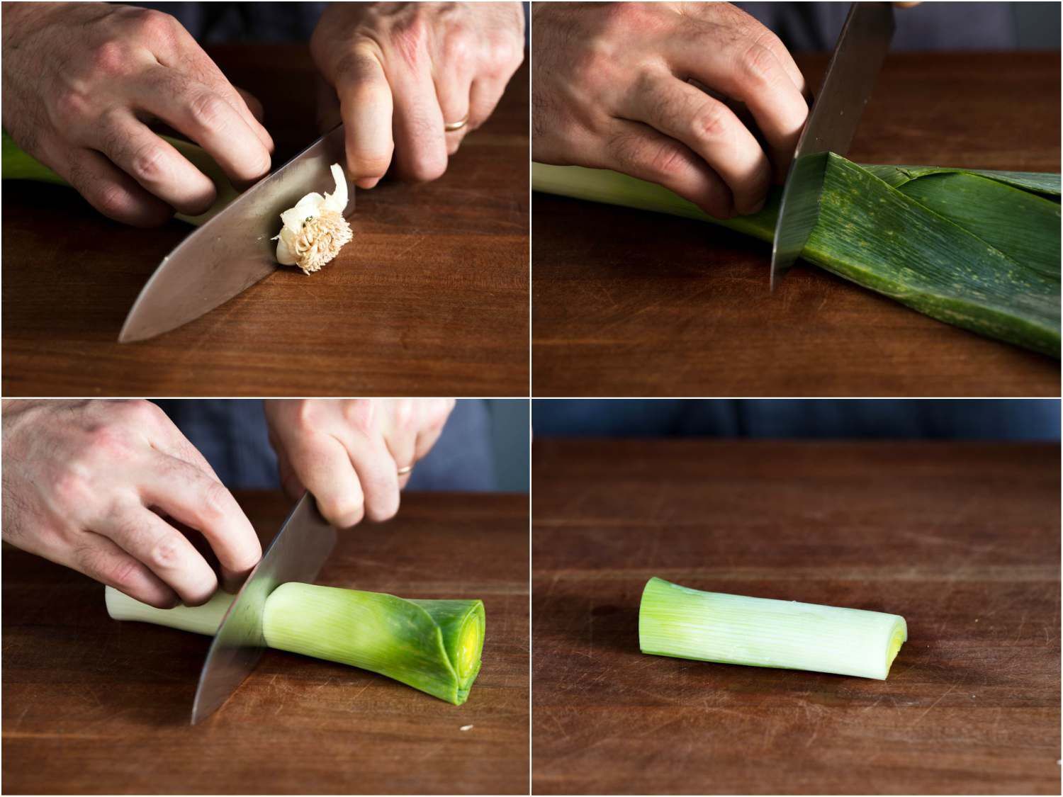 Collage of leek being prepped: slicing off the root end, slicing off the leathery green top, slicing into shorter lengths, and a single half cylinder of leek