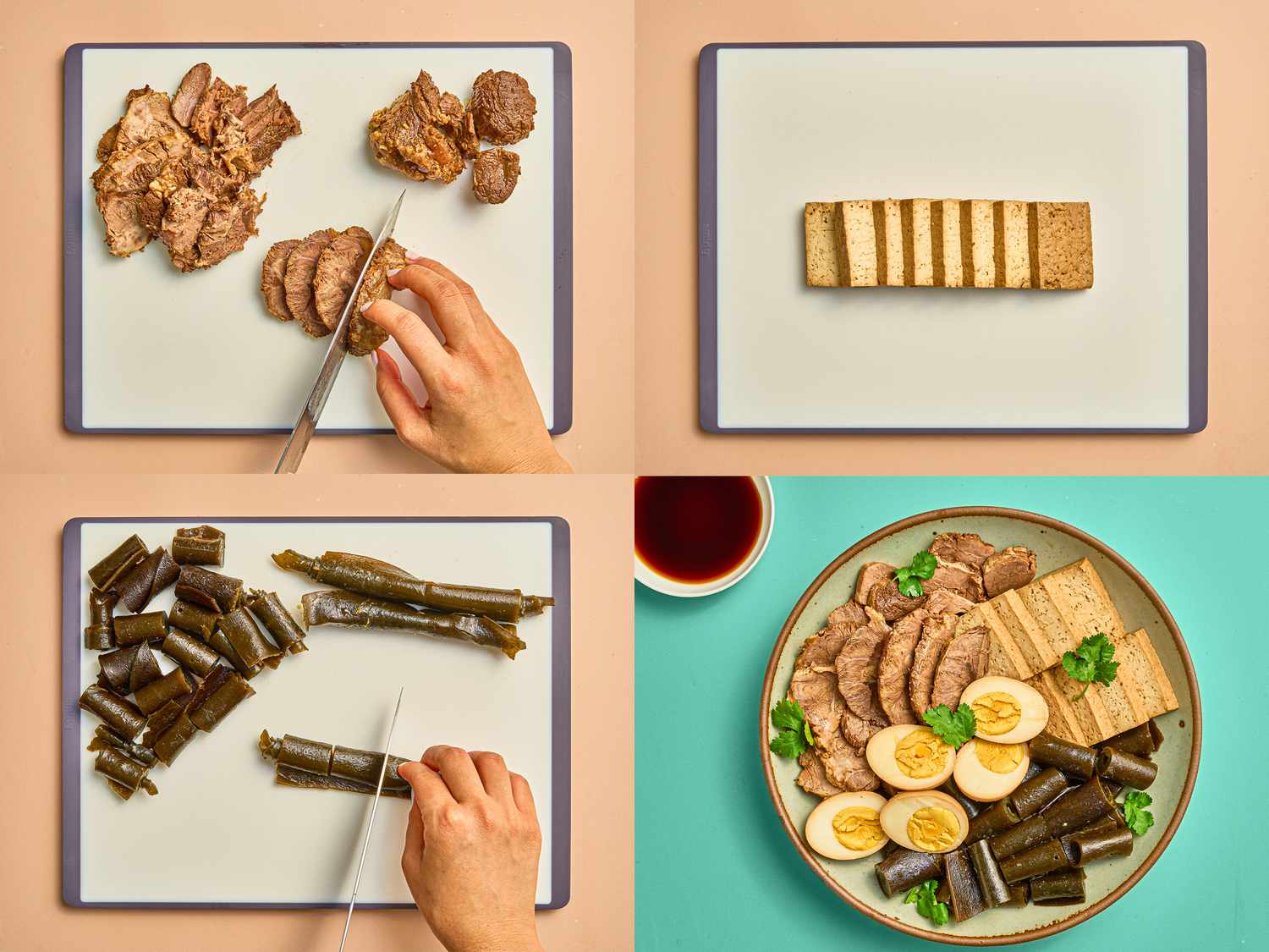 Four image collage of cutting braised ingredients and assembling bowl