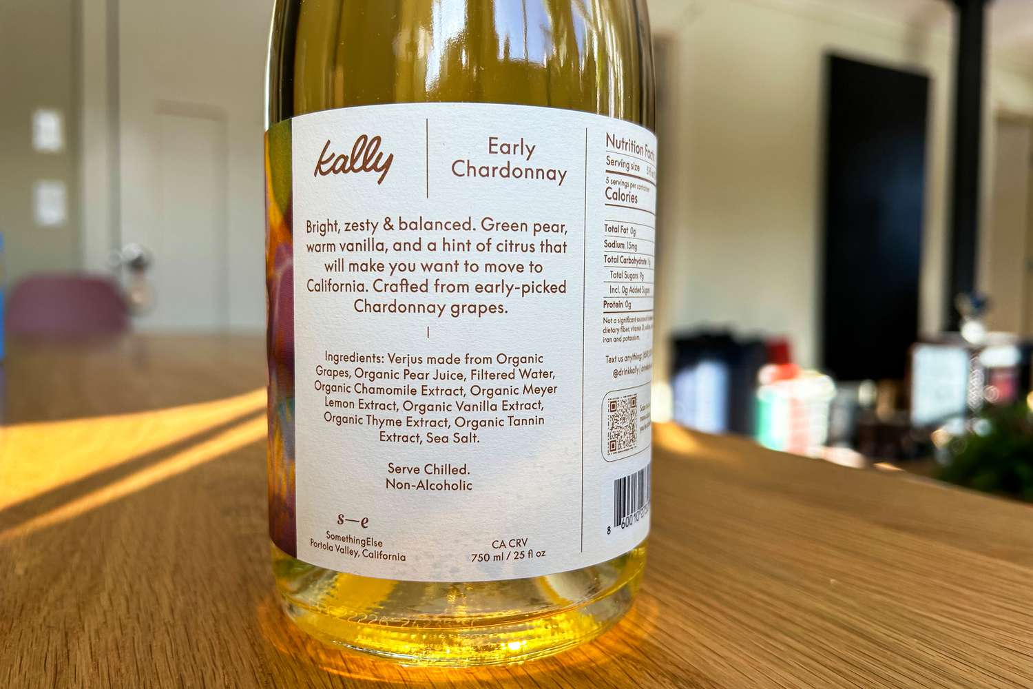 A bottle of Kally nonalcoholic white wine