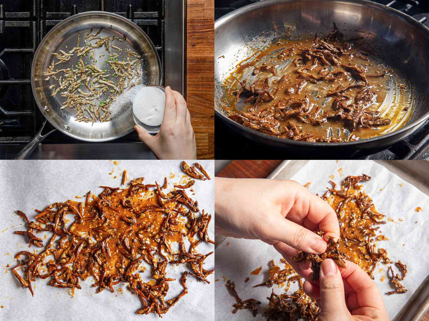 Four image collage of adding sugar to skillet with anchovies, anchovies caramelized, a sheet of caramelized anchovies on a parchment lined tray, and hands breaking apart the caramel into smaller piece