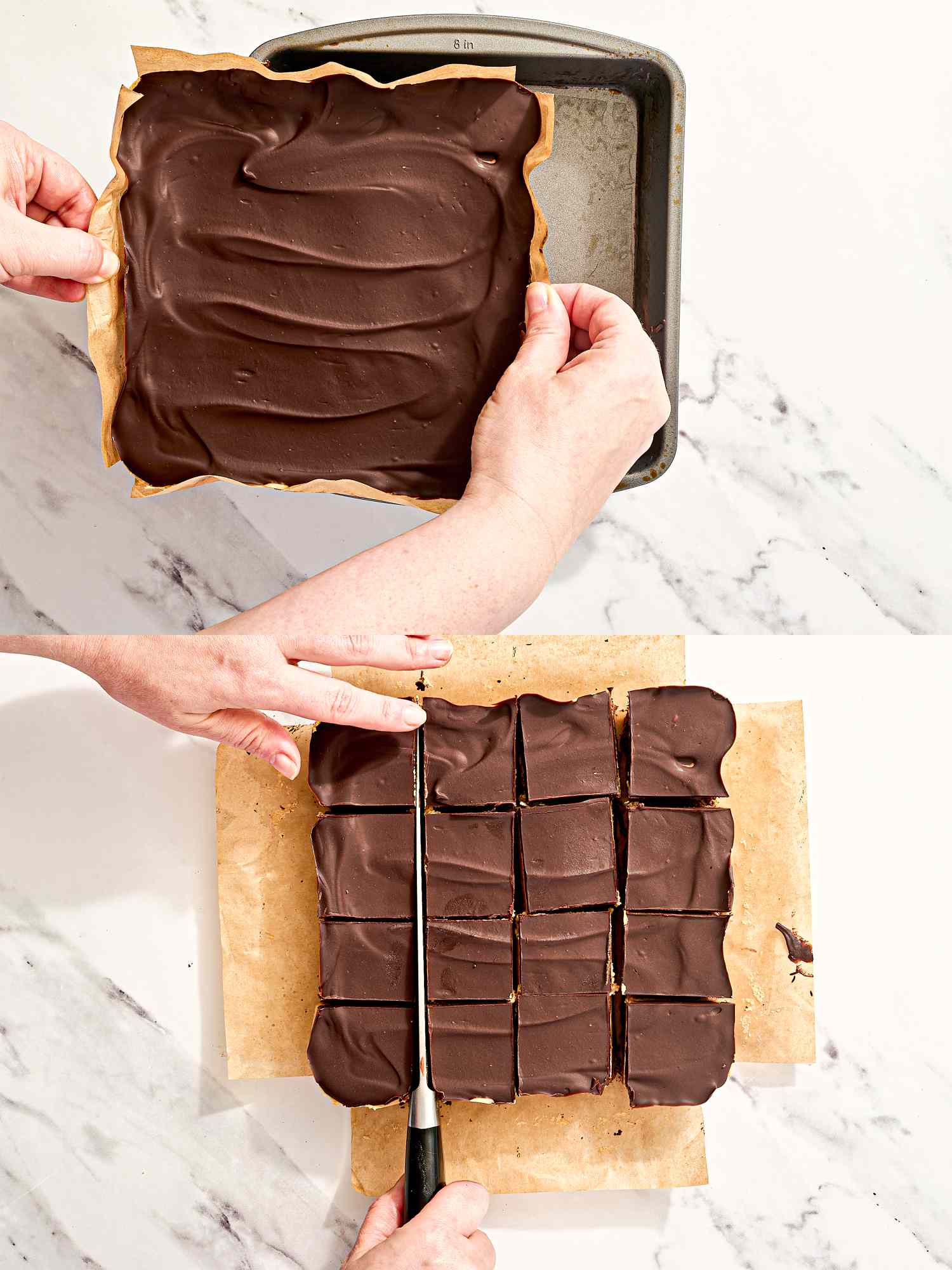 Two images showing the preparation of tripledecker peanut butter brownies one with the tray and one with pieces being sliced