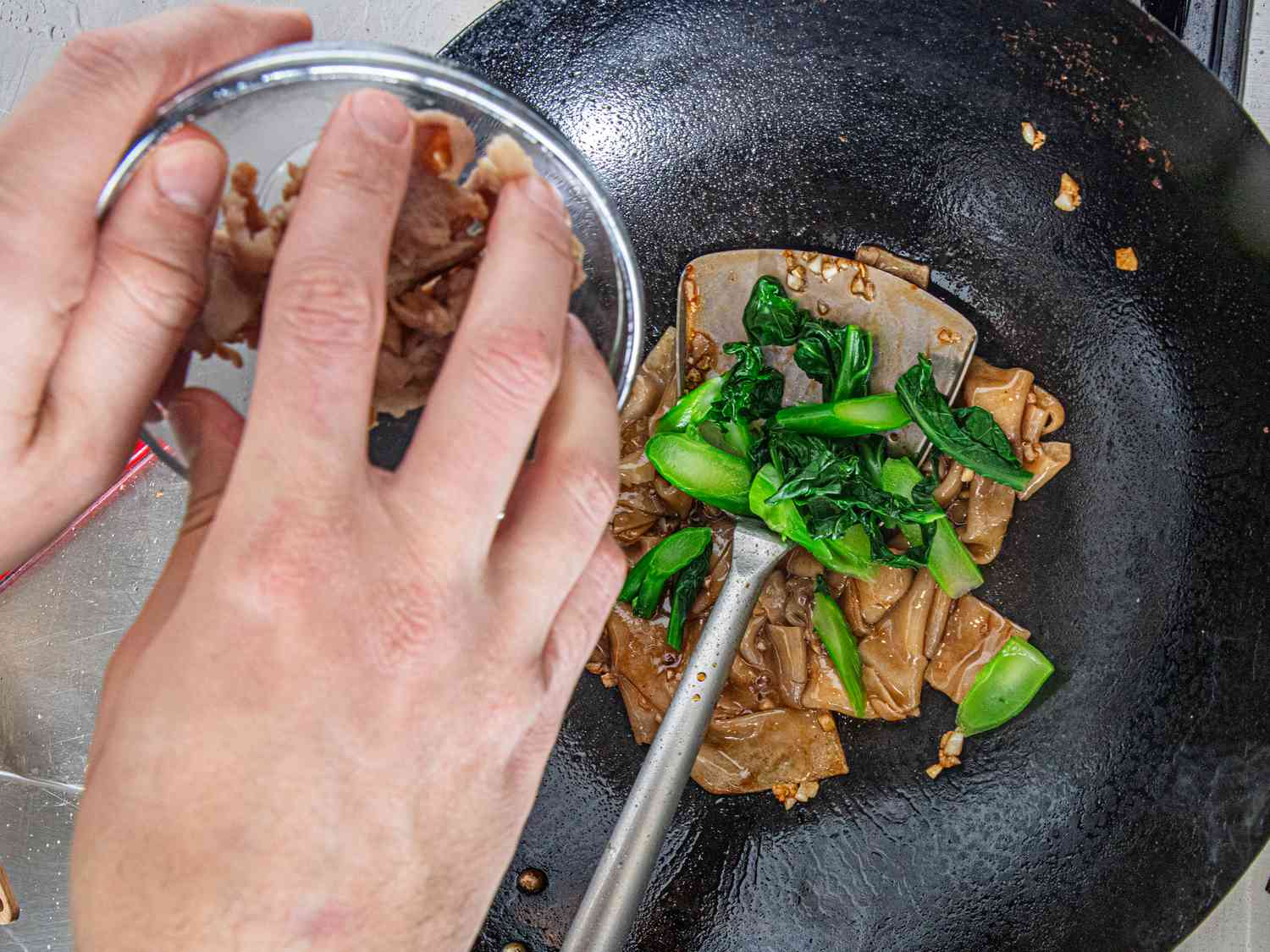 Two image collage of adding pork