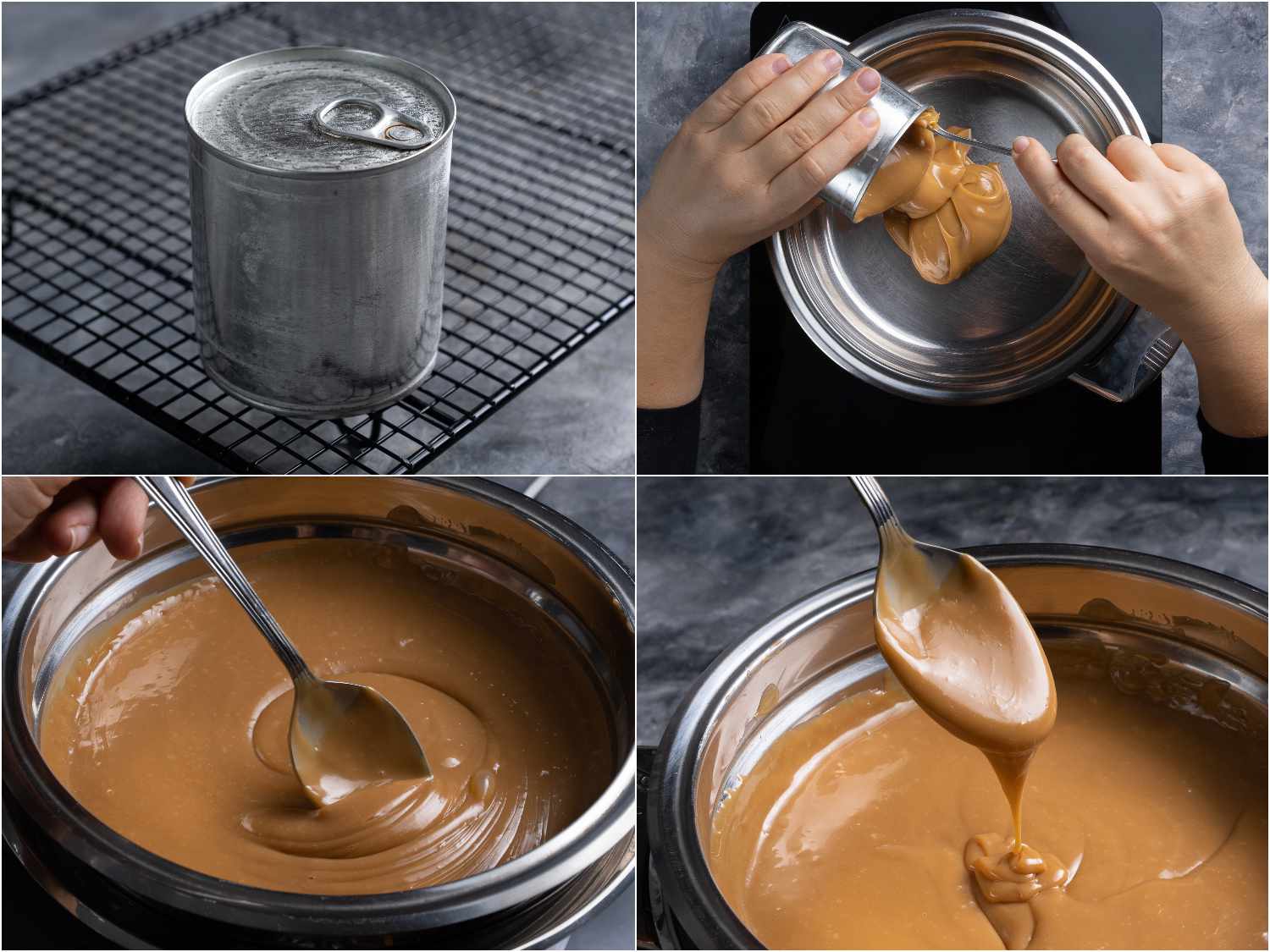 A collage demonstrating the dulce de leche being removed from the can