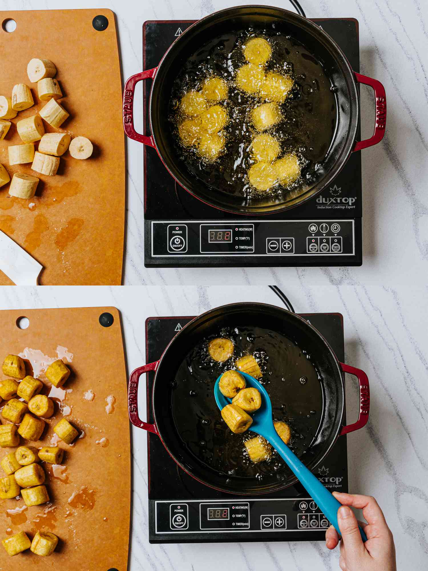 Two image collage of frying plantains 