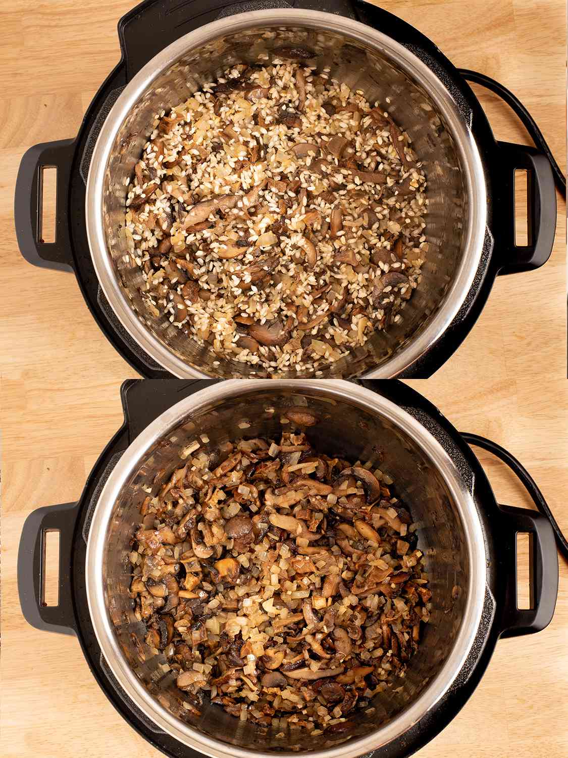 A two-image collage showing the pressure cooker after the rice and sautÃ©d onions have been added.