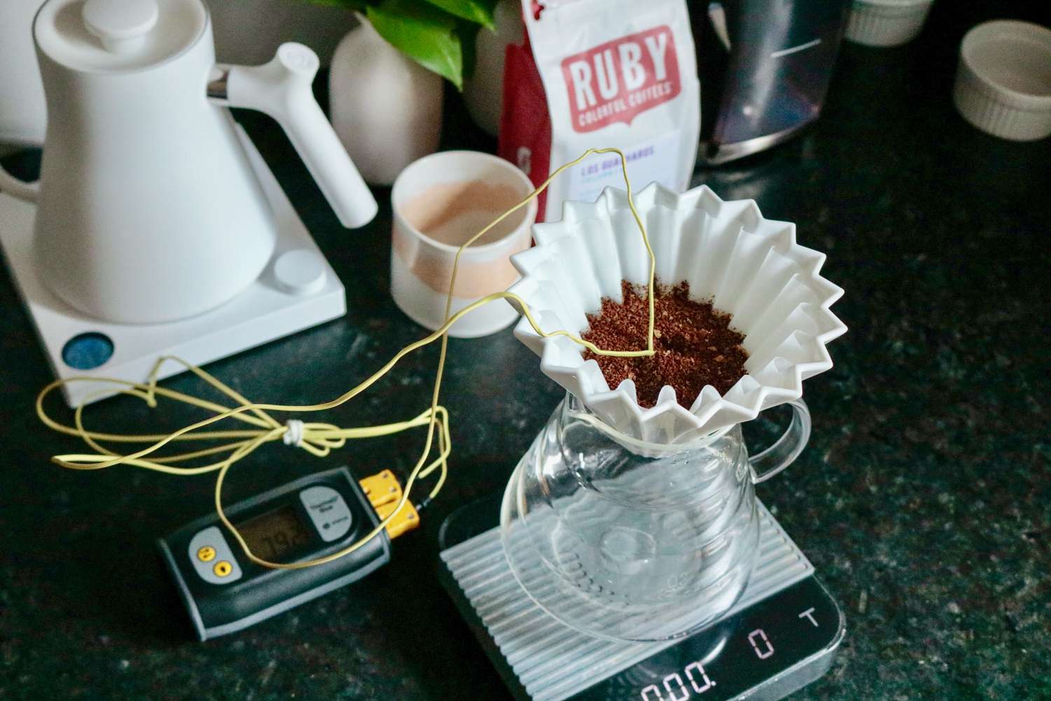 A pourover brewer filled with coffee grinds, but not yet brewed